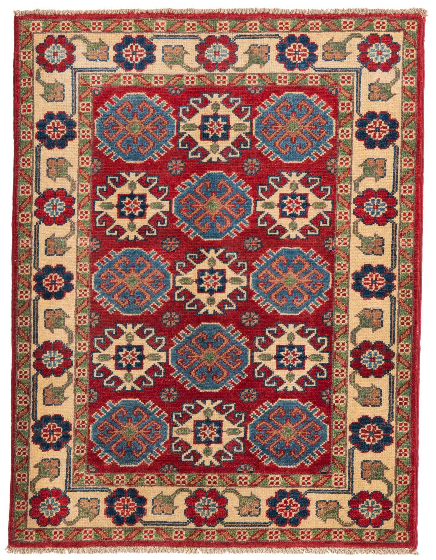 A 3x4 rectangular Rugs.com Kazak rug with a red field and a cream border, featuring traditional Southwestern and Oriental patterns in blue, red, and green.