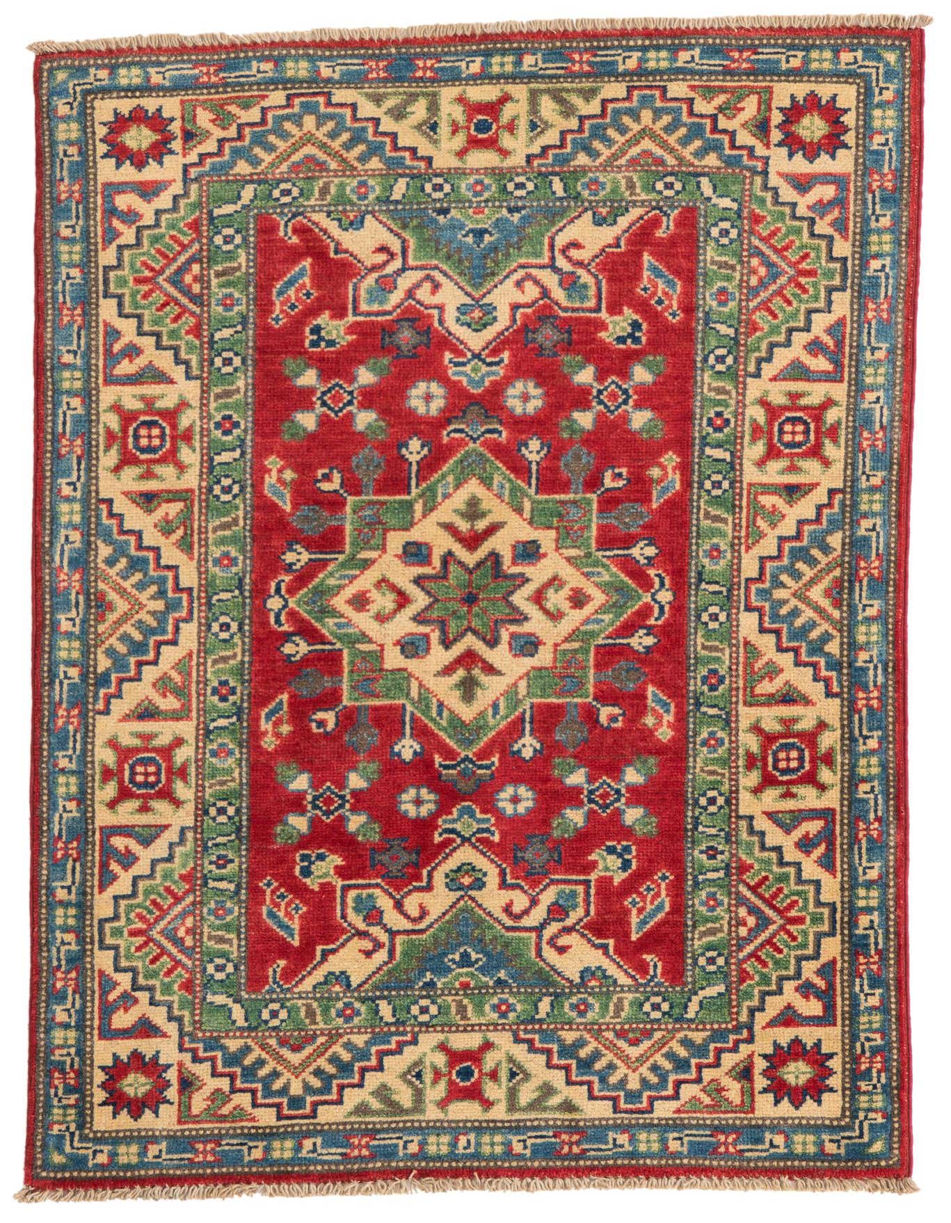 A 3x4 rectangular Rugs.com Kazak rug with a red field, central medallion, and traditional Oriental patterns in blue, green, and beige.