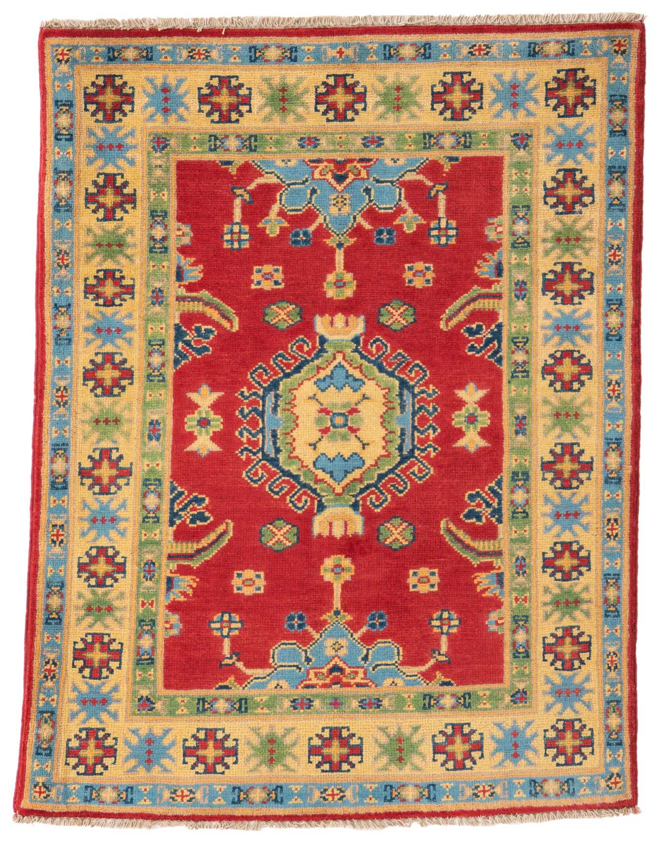 A 3x4 rectangular red traditional rug with a central medallion and ornate border in blue, yellow, and green.