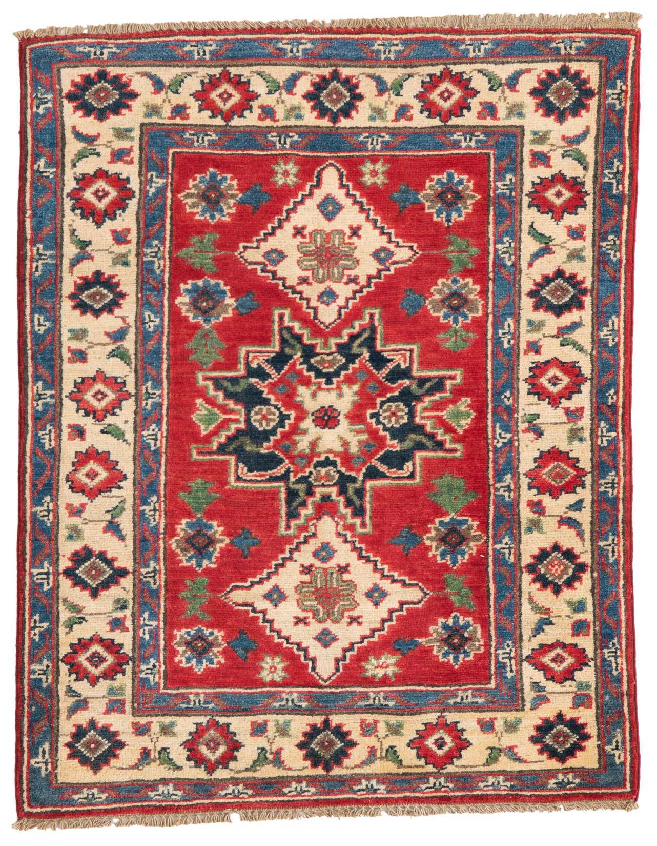 A 3x4 rectangular Rugs.com Kazak rug with a red field, cream border, and traditional Southwestern medallion pattern.