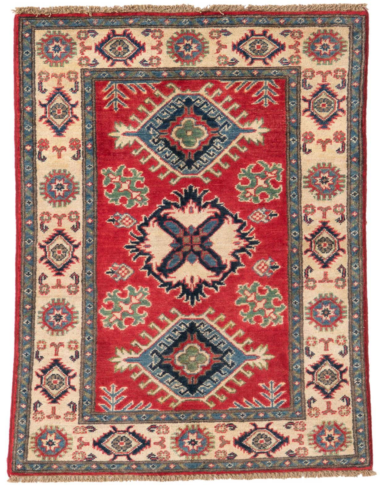 A 3x4 rectangular red traditional Kazak rug with intricate blue, green, and cream Southwestern and Oriental patterns, suitable for indoor spaces.