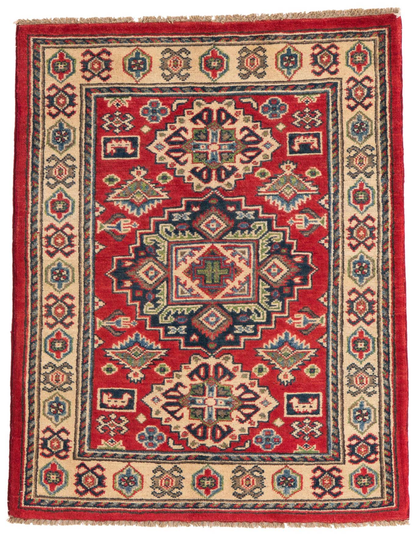 A 3x4 rectangular Rugs.com Kazak rug with a vibrant red field and intricate Southwestern-Oriental medallion patterns in navy, cream, and green.