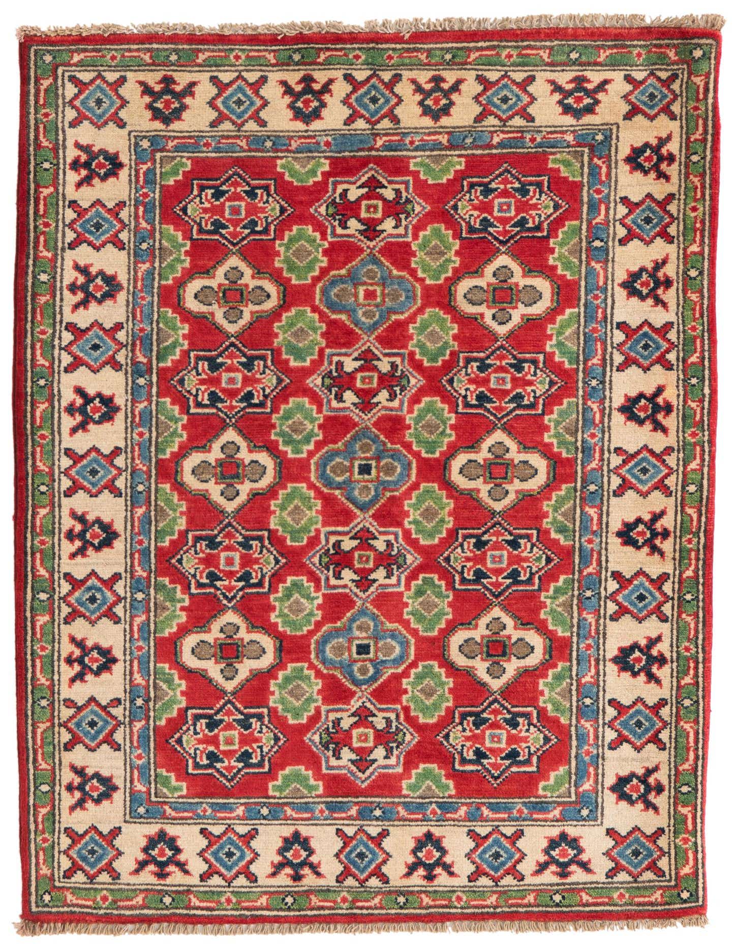 A 3x4 rectangular Rugs.com Kazak rug with a vibrant red field, featuring traditional Southwestern and Oriental patterns in blue, green, and beige.