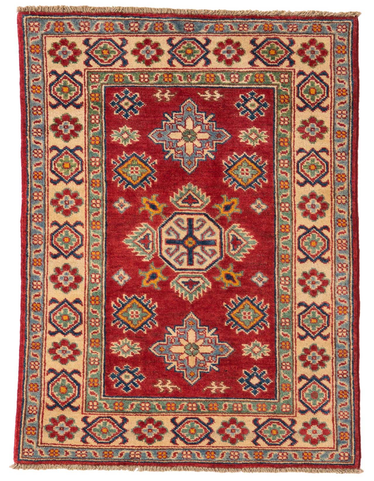 A 3x4 rectangular red Kazak rug with traditional Southwestern and Oriental patterns in blue, beige, and green.