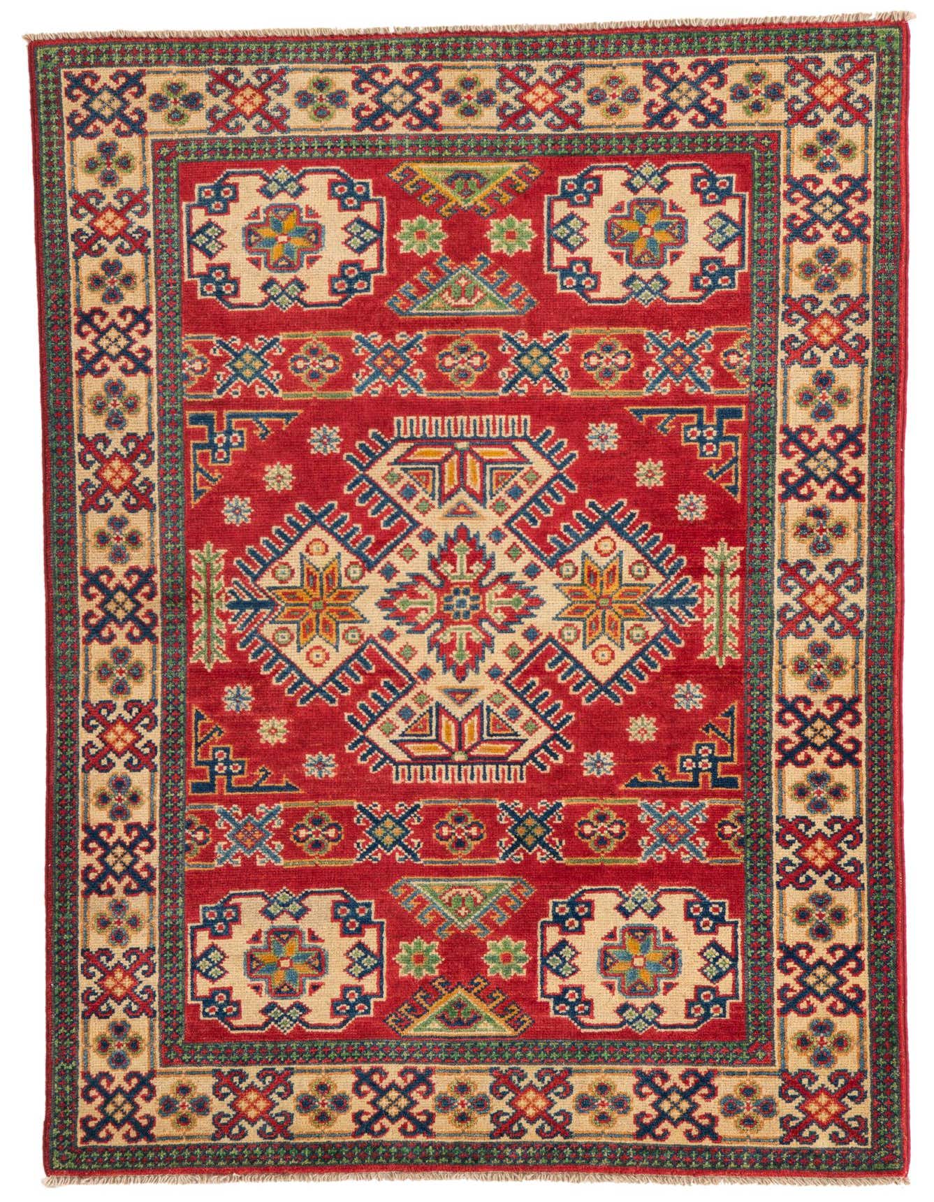 A 3x5 rectangular Rugs.com Kazak rug with a vibrant red field and intricate Southwestern and Oriental patterns in blue, gold, and cream.