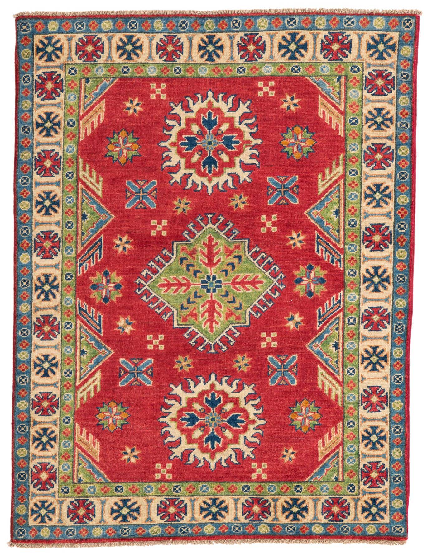 A 3x5 rectangular Rugs.com Kazak rug in rich red with traditional Southwestern and Oriental patterns in blue, green, and cream.