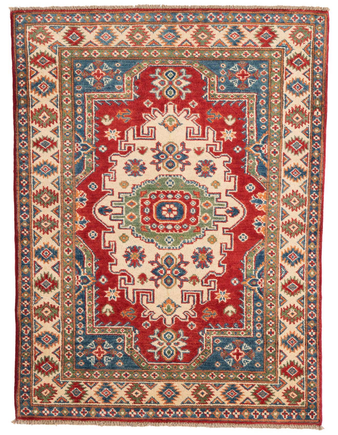 A 3x5 rectangular red Kazak rug with a central medallion, intricate blue, green, and cream traditional patterns, and fringed ends.