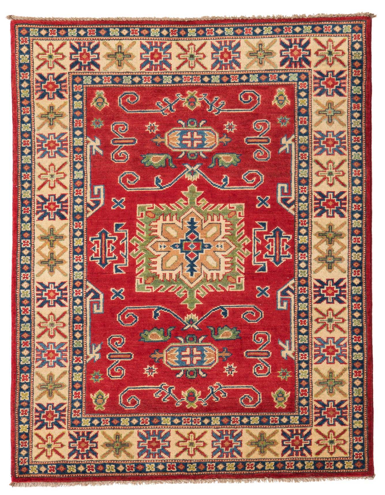 A 3x5 rectangular red Kazak rug with a traditional Oriental medallion pattern and intricate borders, handmade from wool.