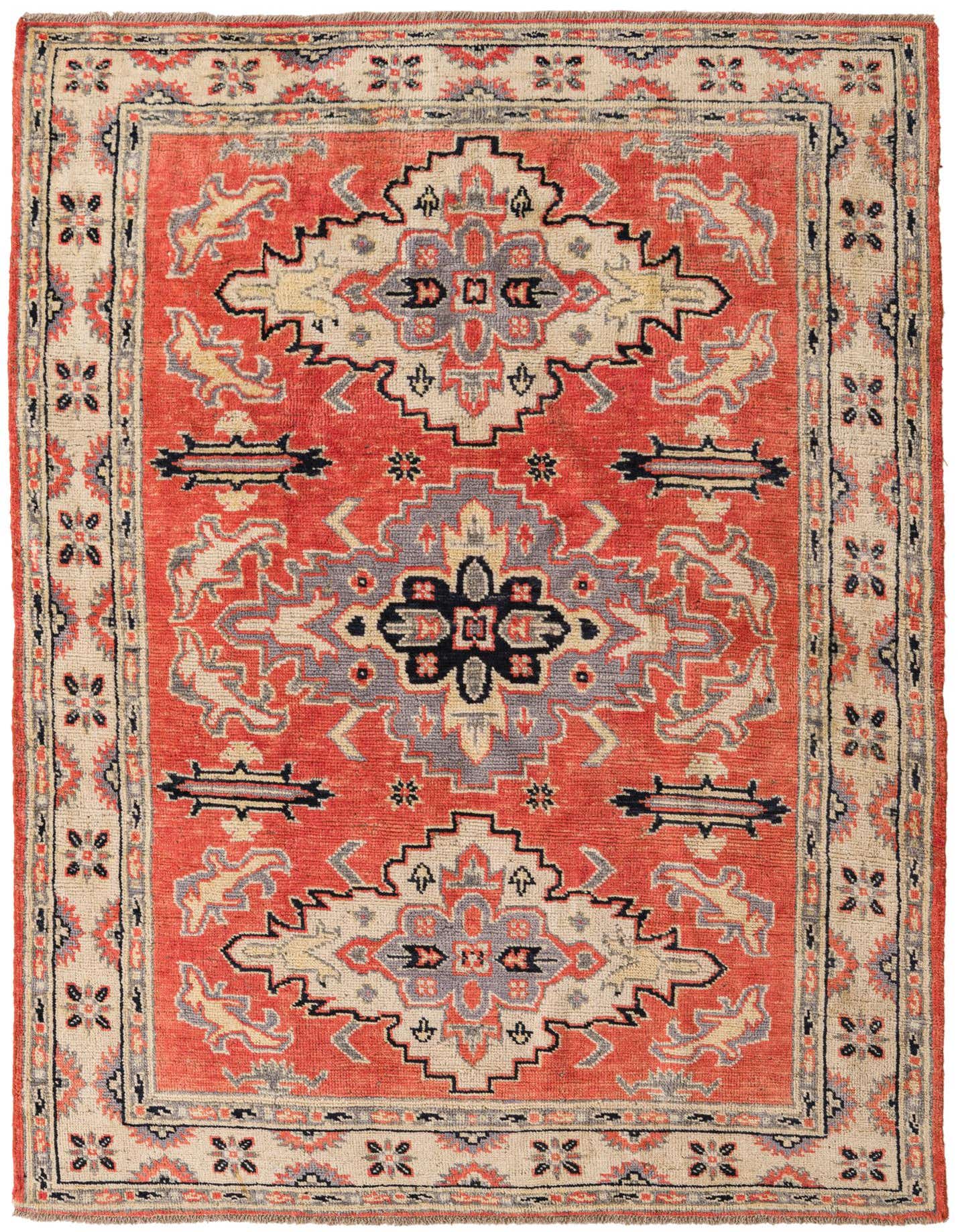 A 5x8 rectangular red Kazak rug with a traditional medallion pattern in cream, gray, and black, featuring a thin pile.