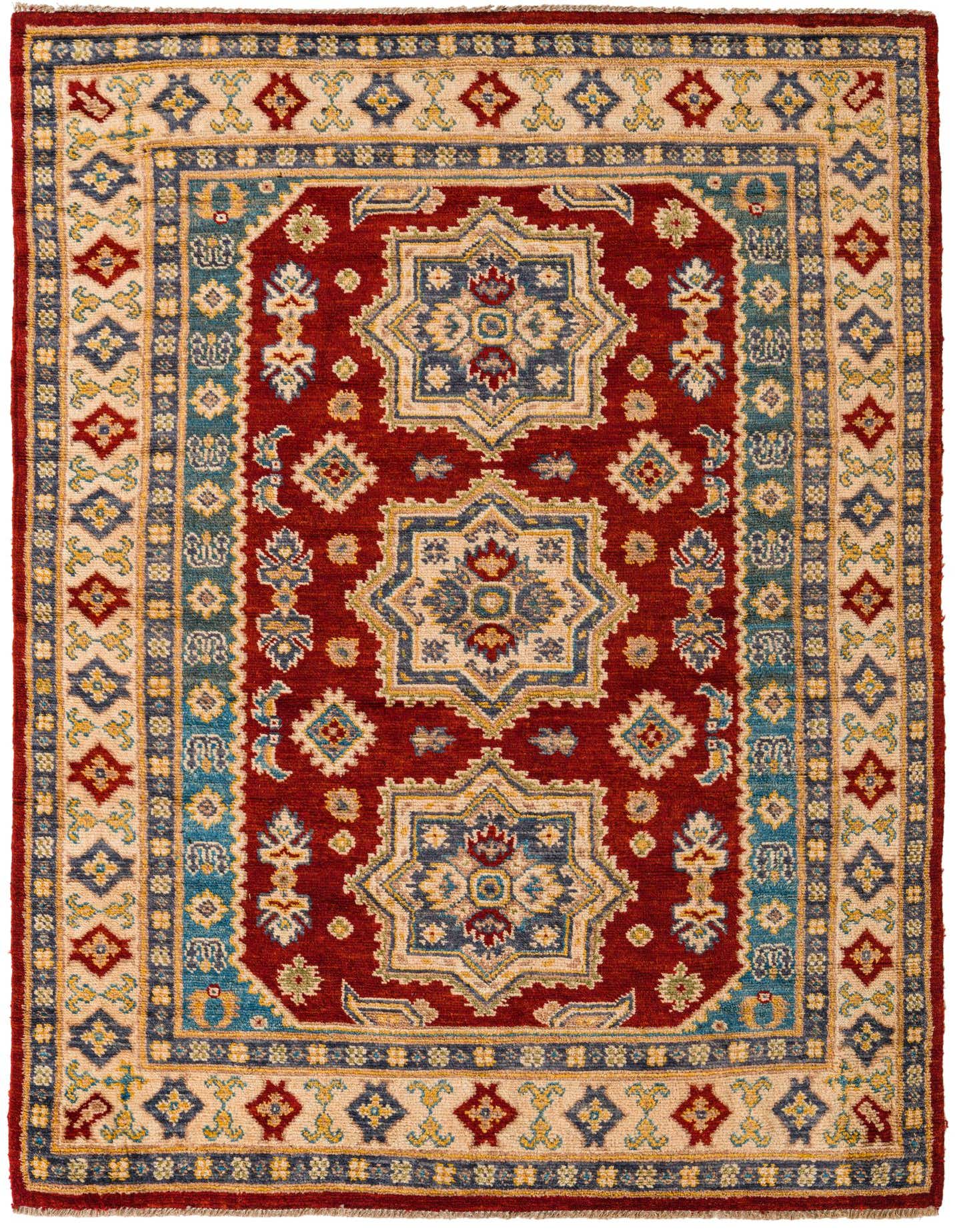 A 5x8 rectangular red Kazak rug with traditional Oriental medallion patterns in blue, beige, and gold.