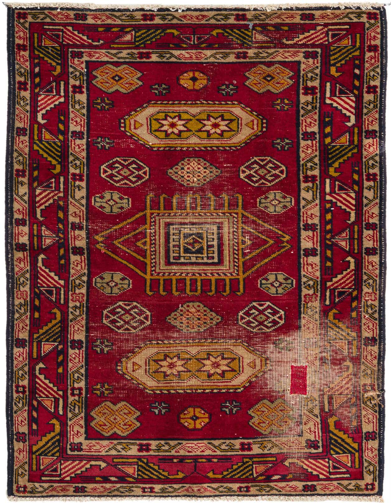 A 3x4 rectangular red Persian wool rug with traditional geometric patterns in gold, black, and cream.
