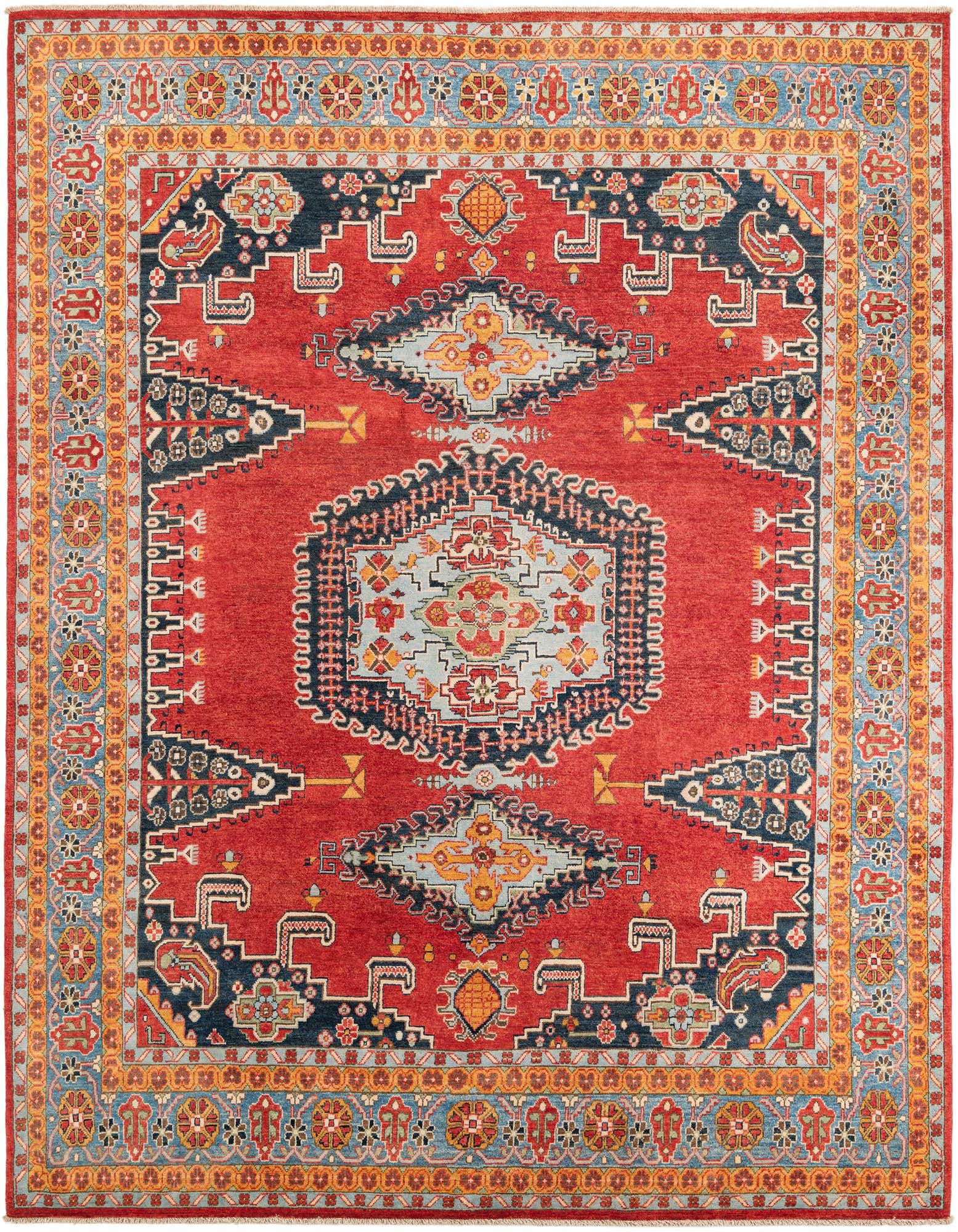 An 8x10 rectangular Rugs.com Kazak rug with a vibrant red field, featuring a central medallion and geometric patterns in navy, light blue, and gold.