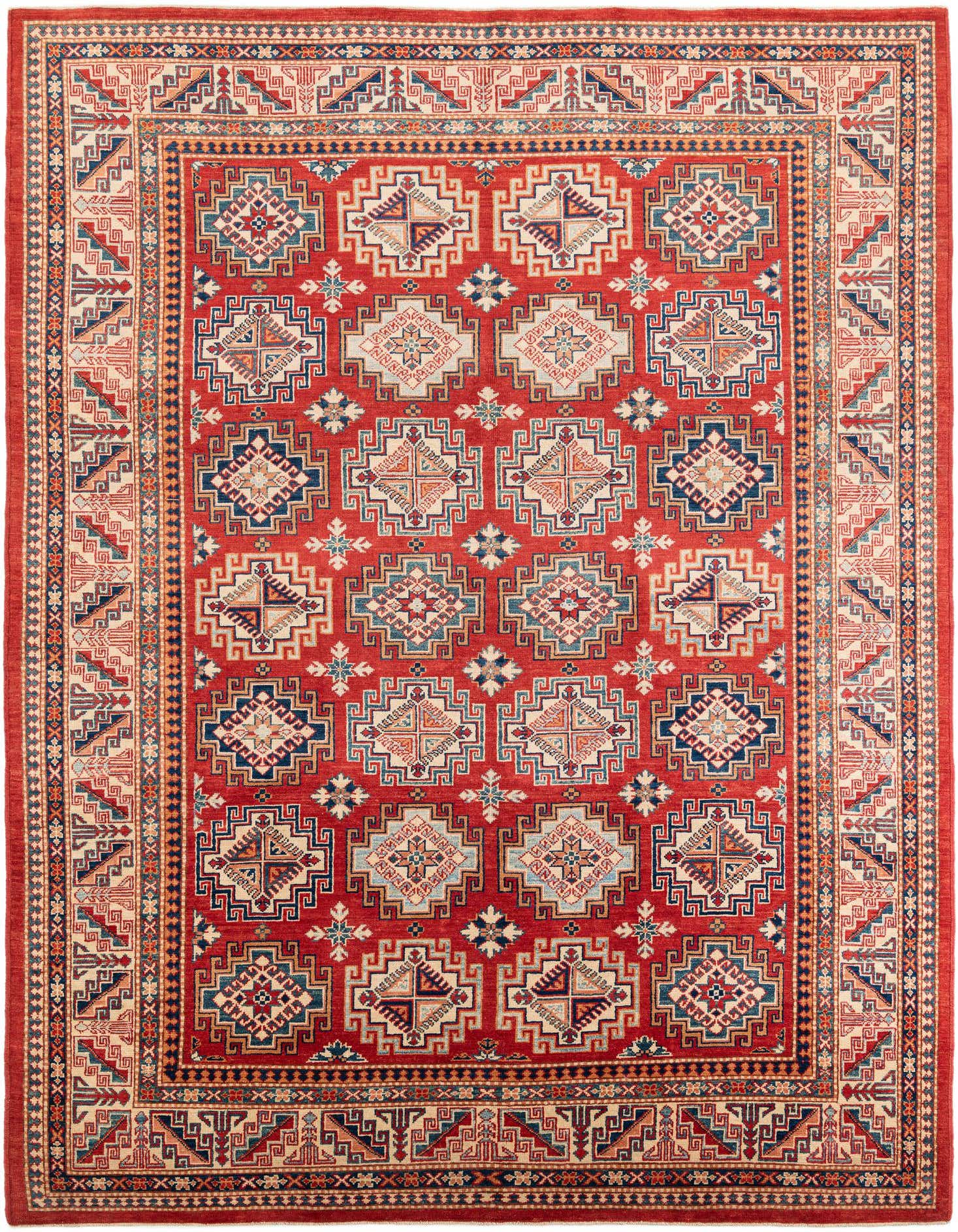 A rectangular 8x11 Rugs.com Kazak rug with a dominant red field and intricate geometric patterns in blue, cream, and orange.