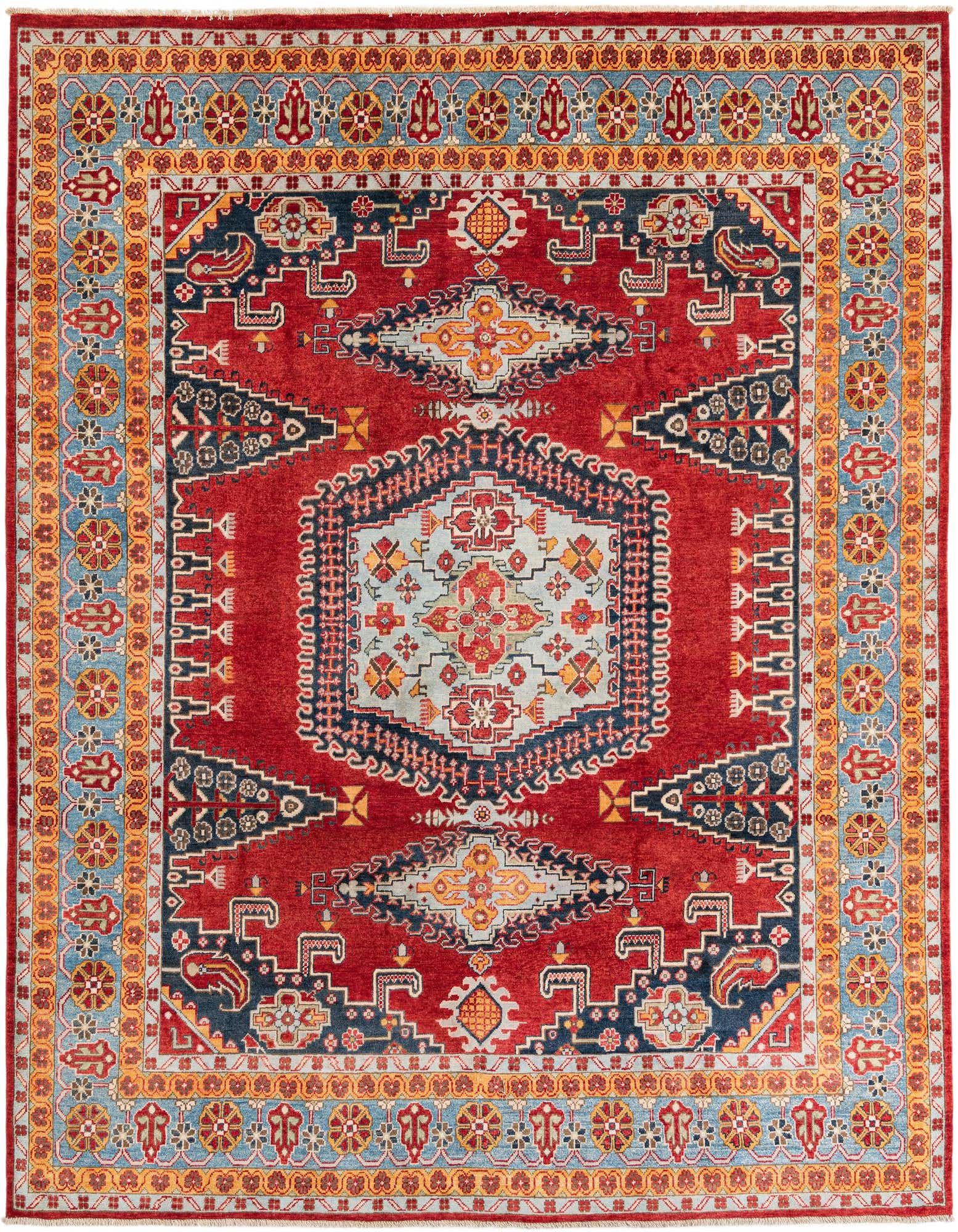 An 8x10 rectangular Kazak rug with a vibrant red field, featuring a central medallion and intricate geometric patterns in shades of blue, gold, and cream.