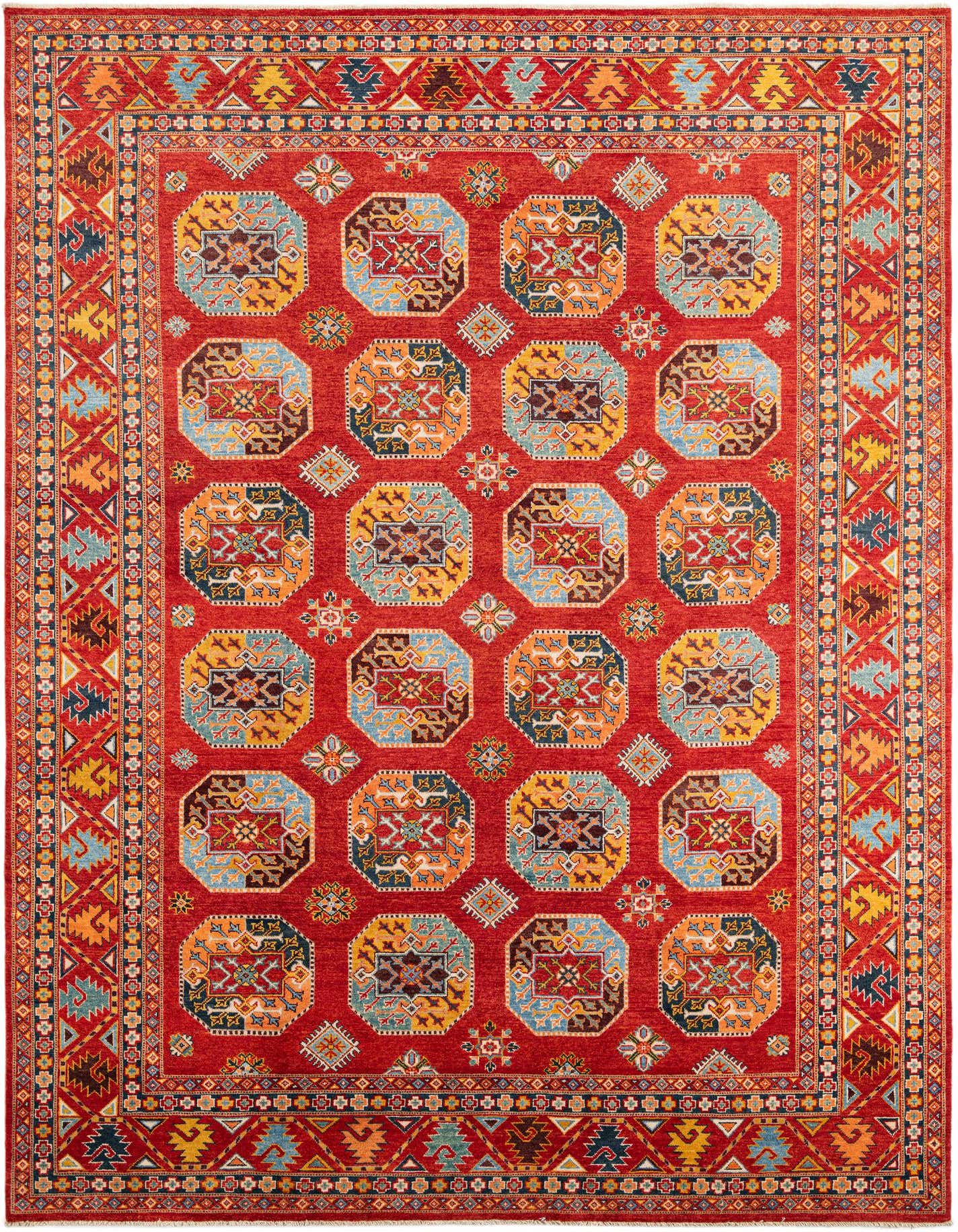 A vibrant 8x11 rectangular red Modern Oriental rug with a detailed border and repeating octagonal patterns in blue, yellow, and orange.