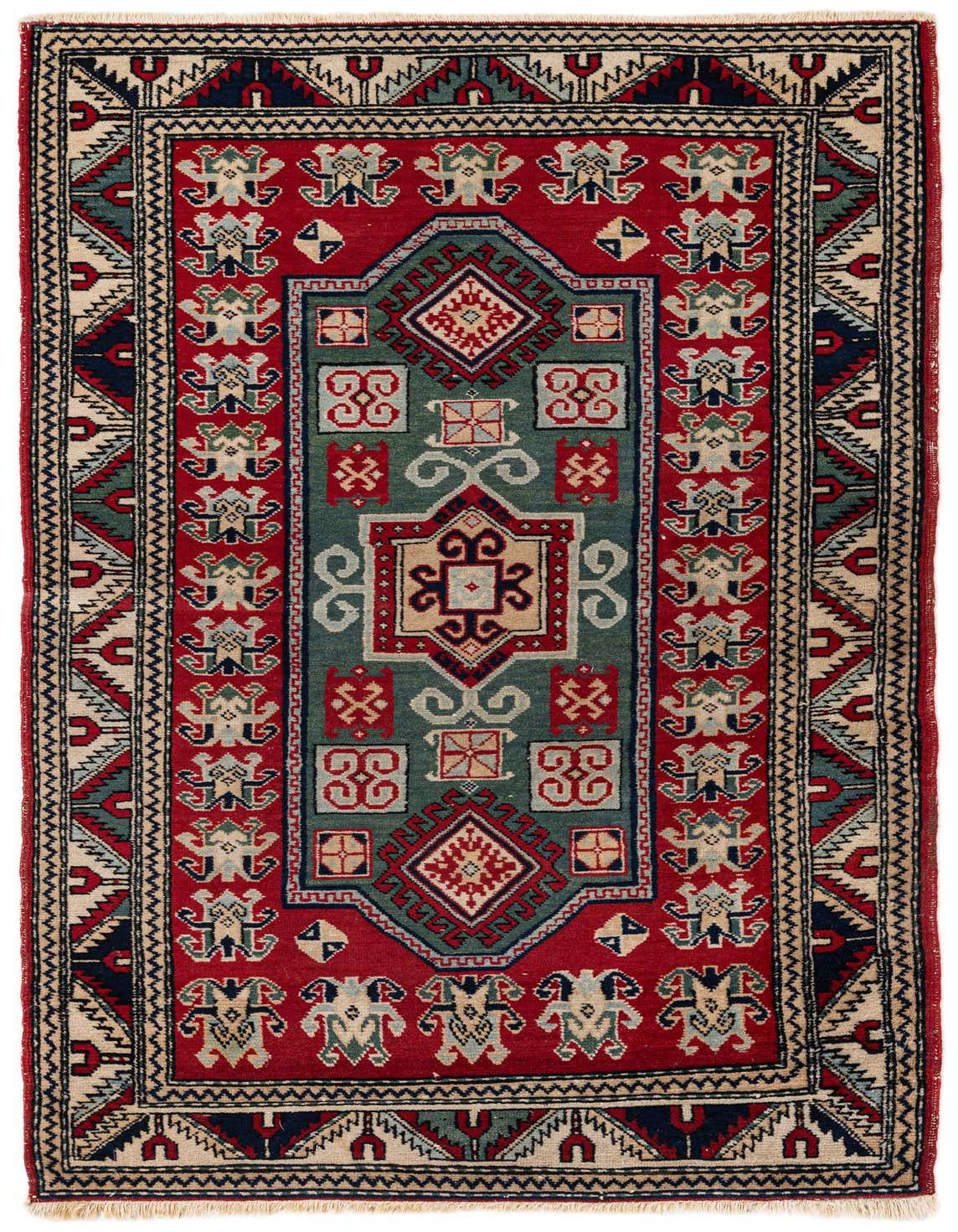 A 3x5 rectangular red and green wool rug with a traditional Oriental medallion pattern, ideal for an entryway or kitchen.
