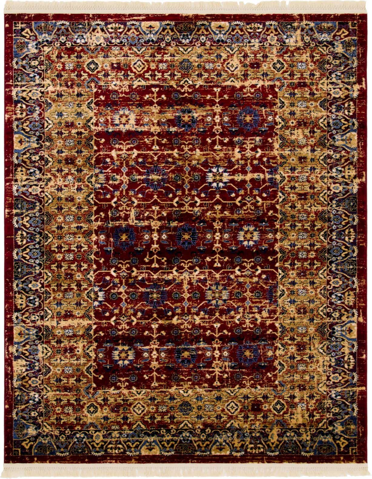 A 5x8 rectangular Kennedy collection rug featuring a distressed traditional floral pattern in rich reds, gold, and blue tones.