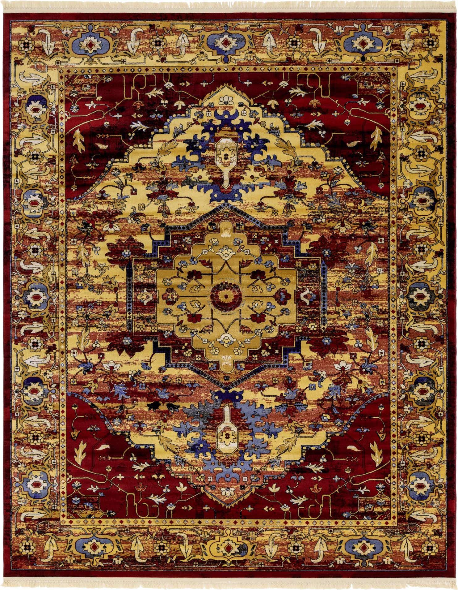 A 9x12 rectangular Kennedy rug featuring a traditional medallion pattern in shades of red, gold, and blue.