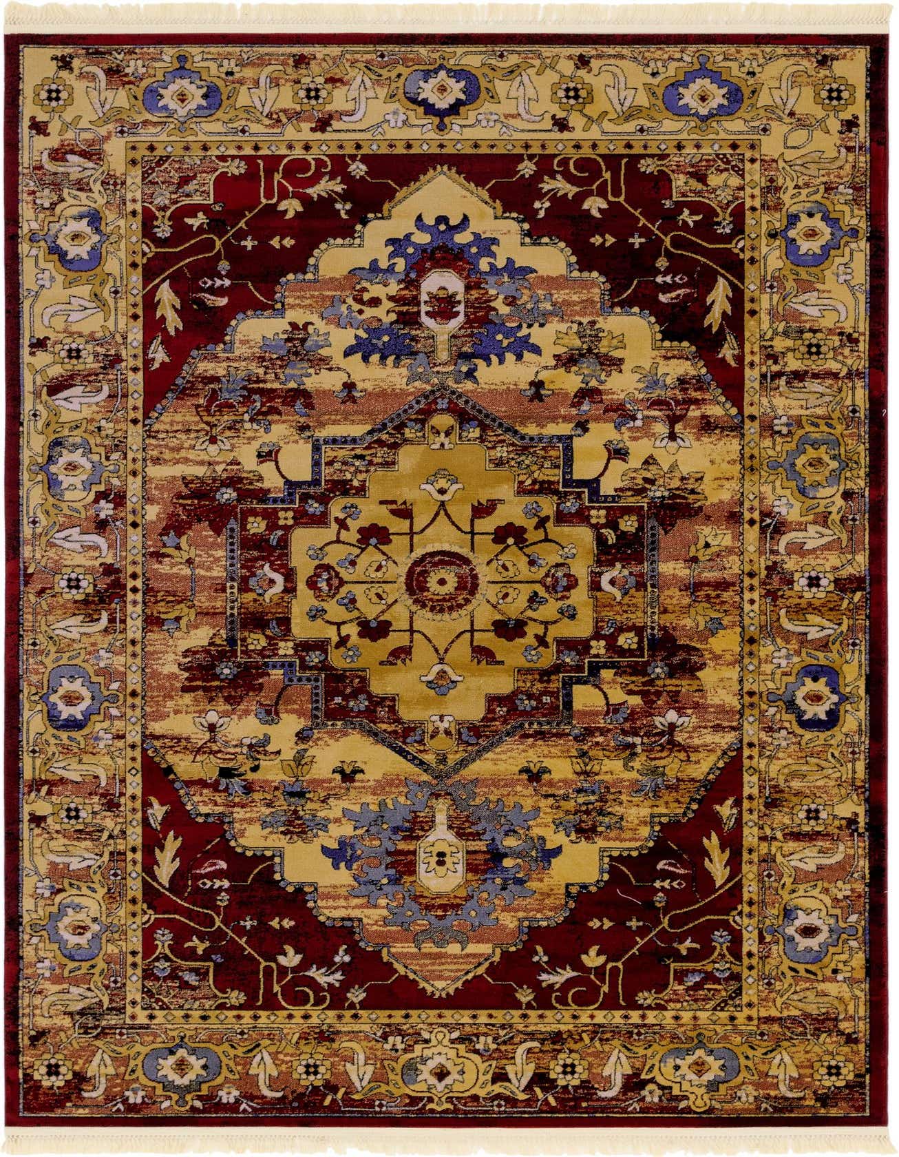 A rectangular 6x9 Kennedy rug featuring a traditional medallion pattern in distressed reds, gold, and blue.