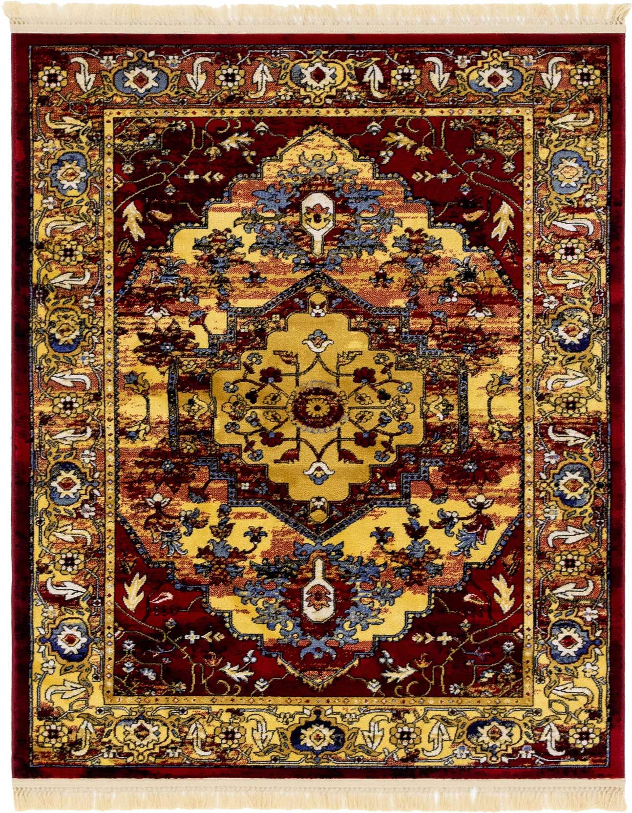 A 4x6 rectangular Kennedy Collection rug featuring a traditional medallion and botanical pattern in rich reds, gold, and blue, with fringe.