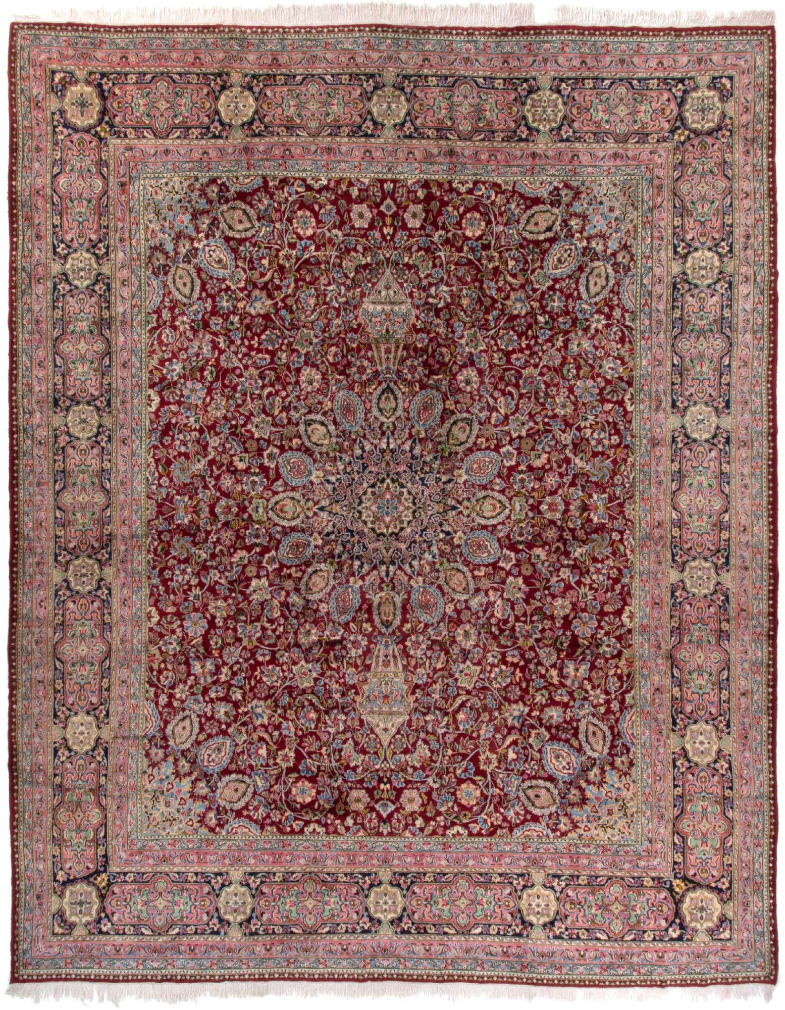 A large 12x15 rectangular red Persian wool rug with intricate floral and medallion patterns, featuring a detailed border.