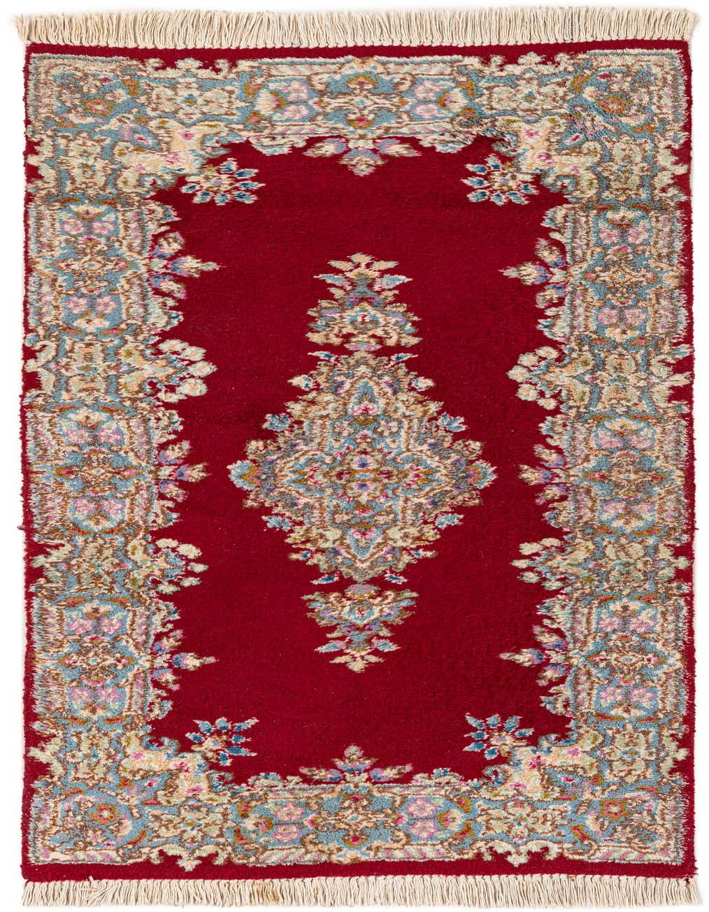 A 3x5 rectangular Kerman wool rug featuring a traditional red field with an elaborate blue, pink, and cream medallion and border.