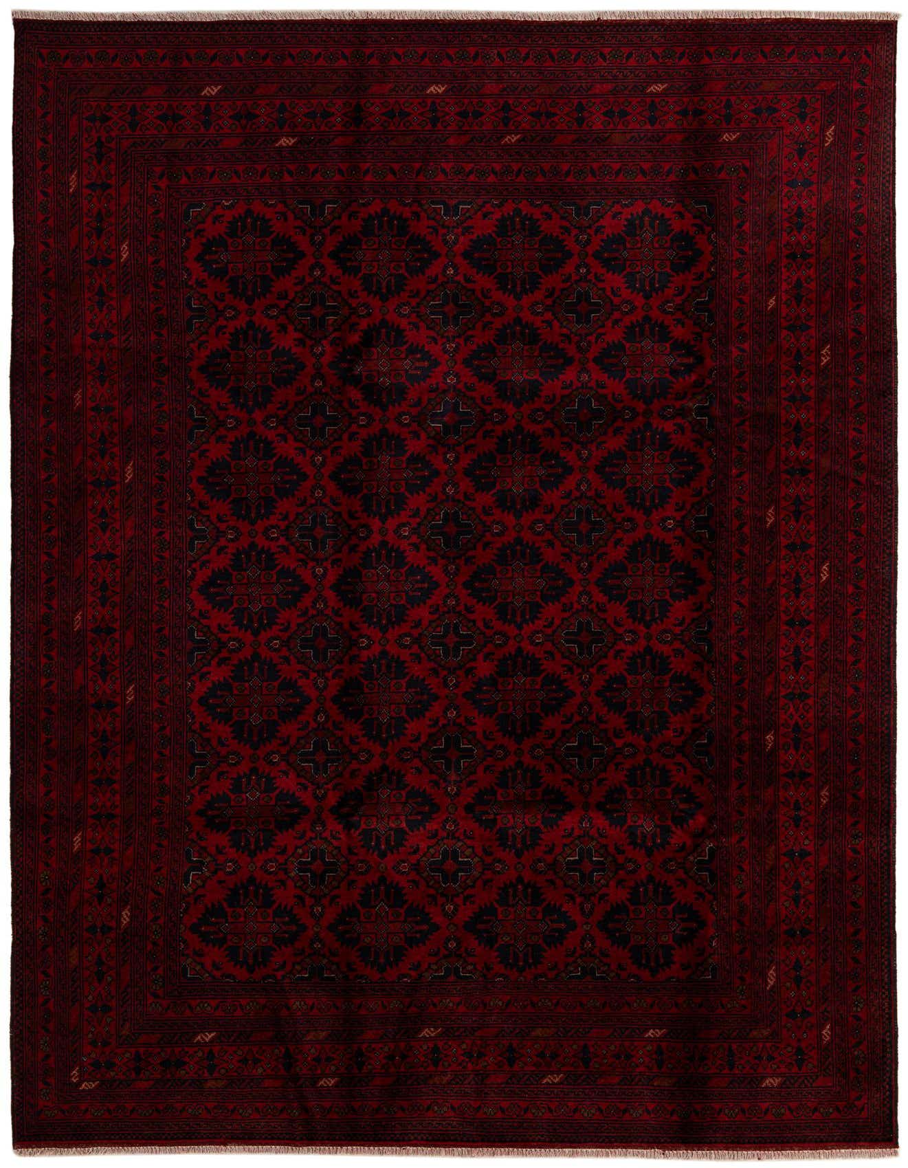 A 6x9 rectangular Khal Mohammadi rug in deep reds with a repeating dark geometric and floral pattern, suitable for a living room.