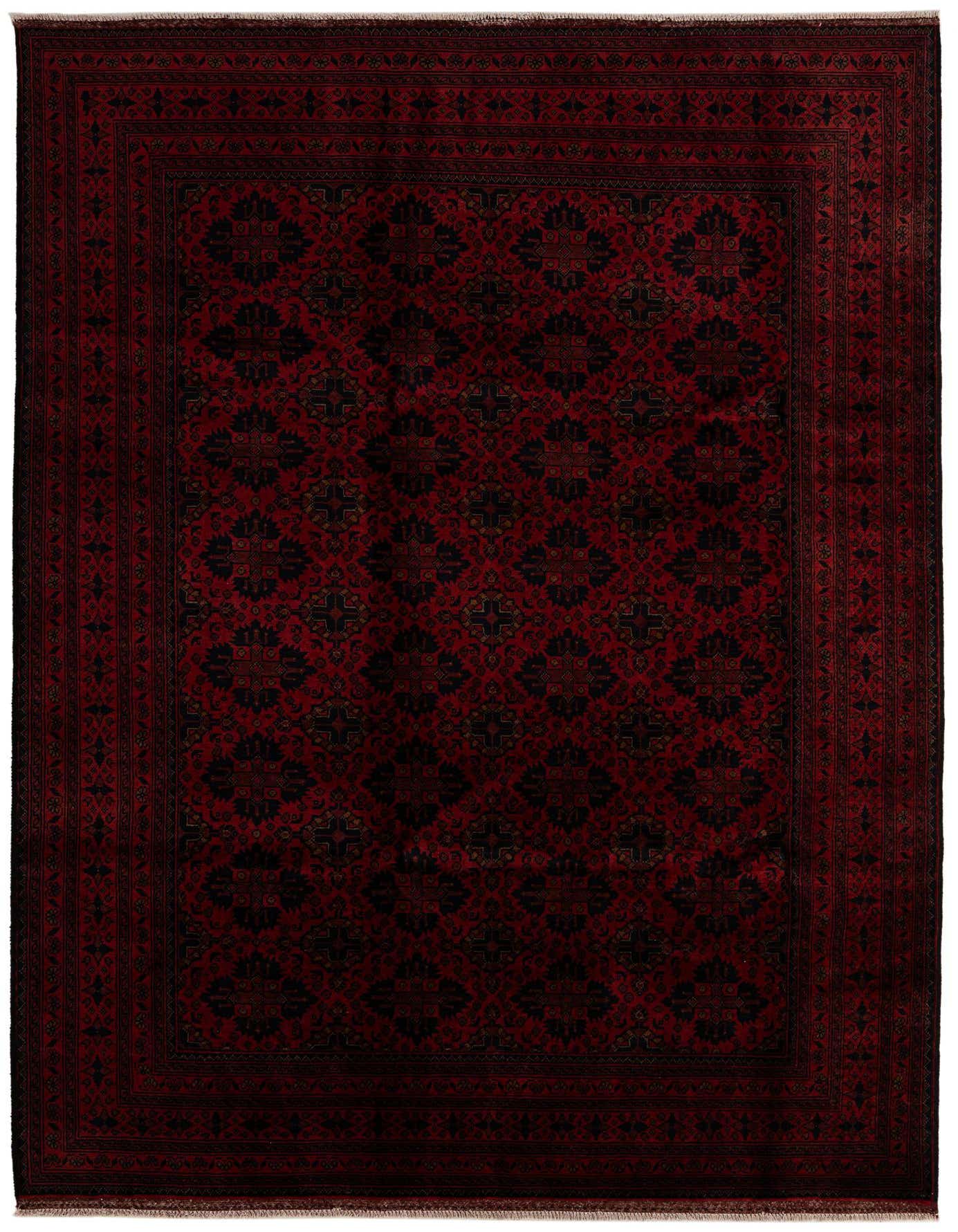 A 7x10 rectangular Khal Mohammadi rug in deep red with intricate black and dark red oriental patterns, featuring a detailed border.