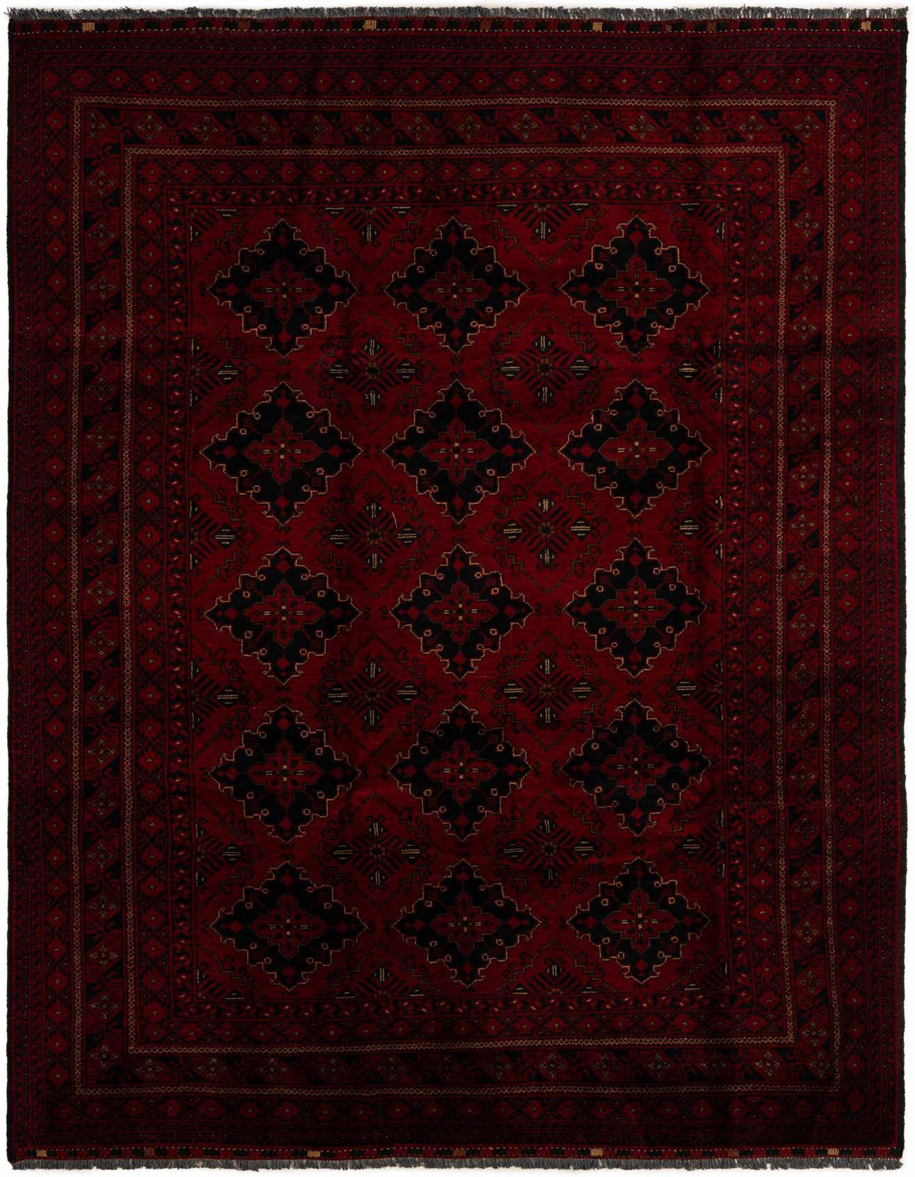 A 7x10 rectangular Khal Mohammadi rug in deep reds with black and gold geometric oriental patterns, featuring a thin pile.