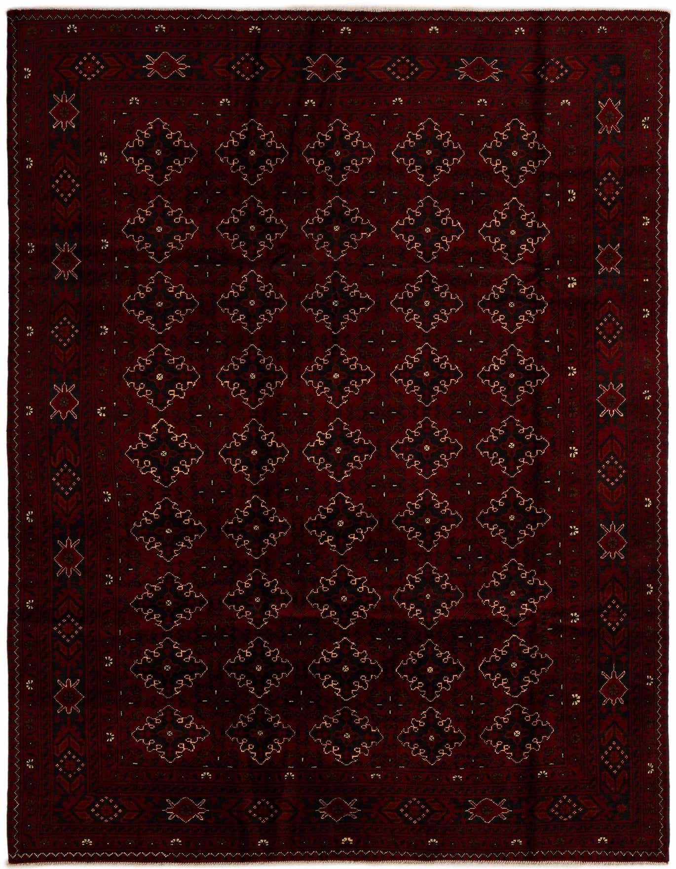 A 6x9 rectangular Khal Mohammadi rug featuring a deep red field with repeating black and gold geometric patterns and a detailed border.