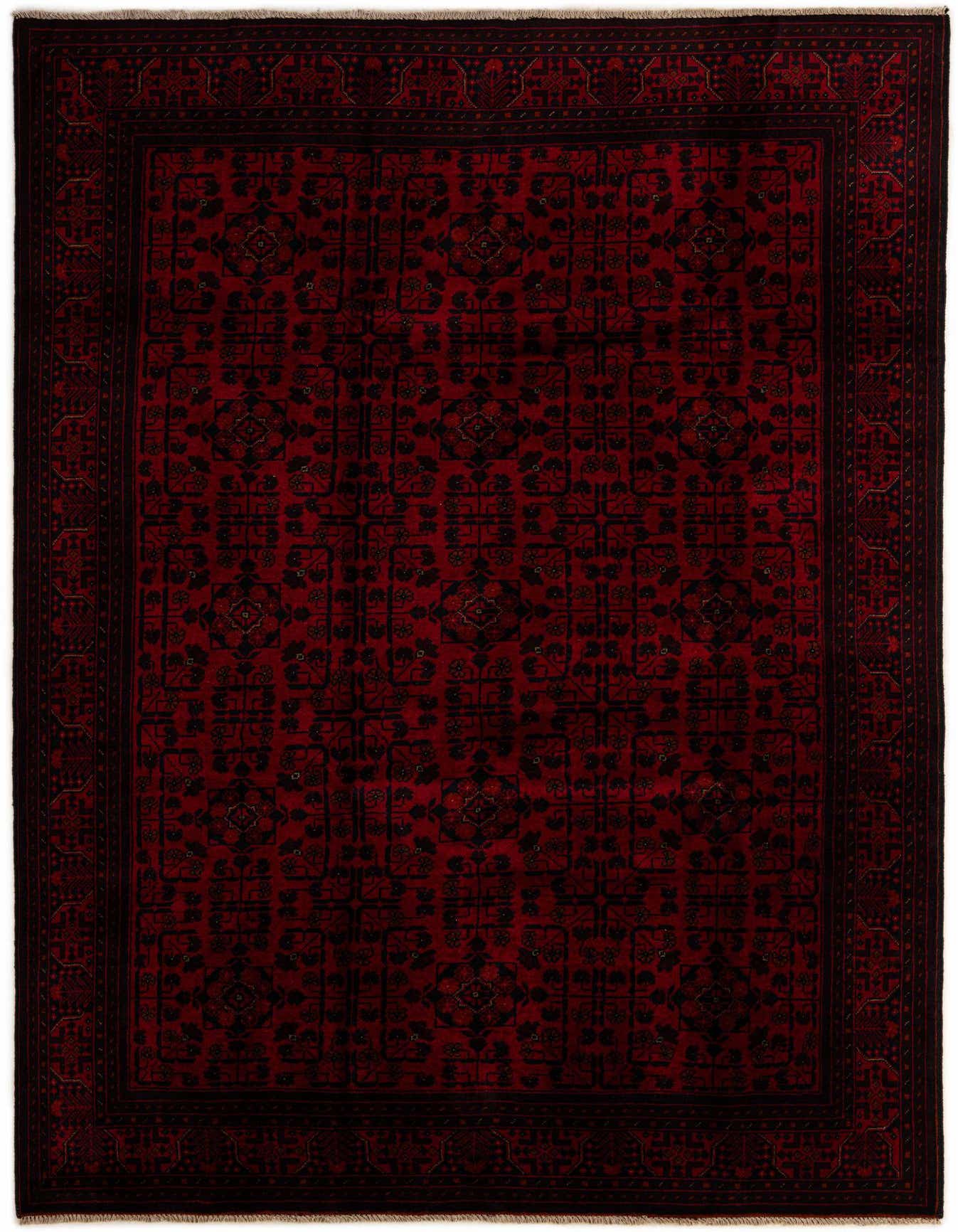 A 6x9 rectangular Khal Mohammadi wool rug in deep red with intricate black oriental patterns and a decorative border.