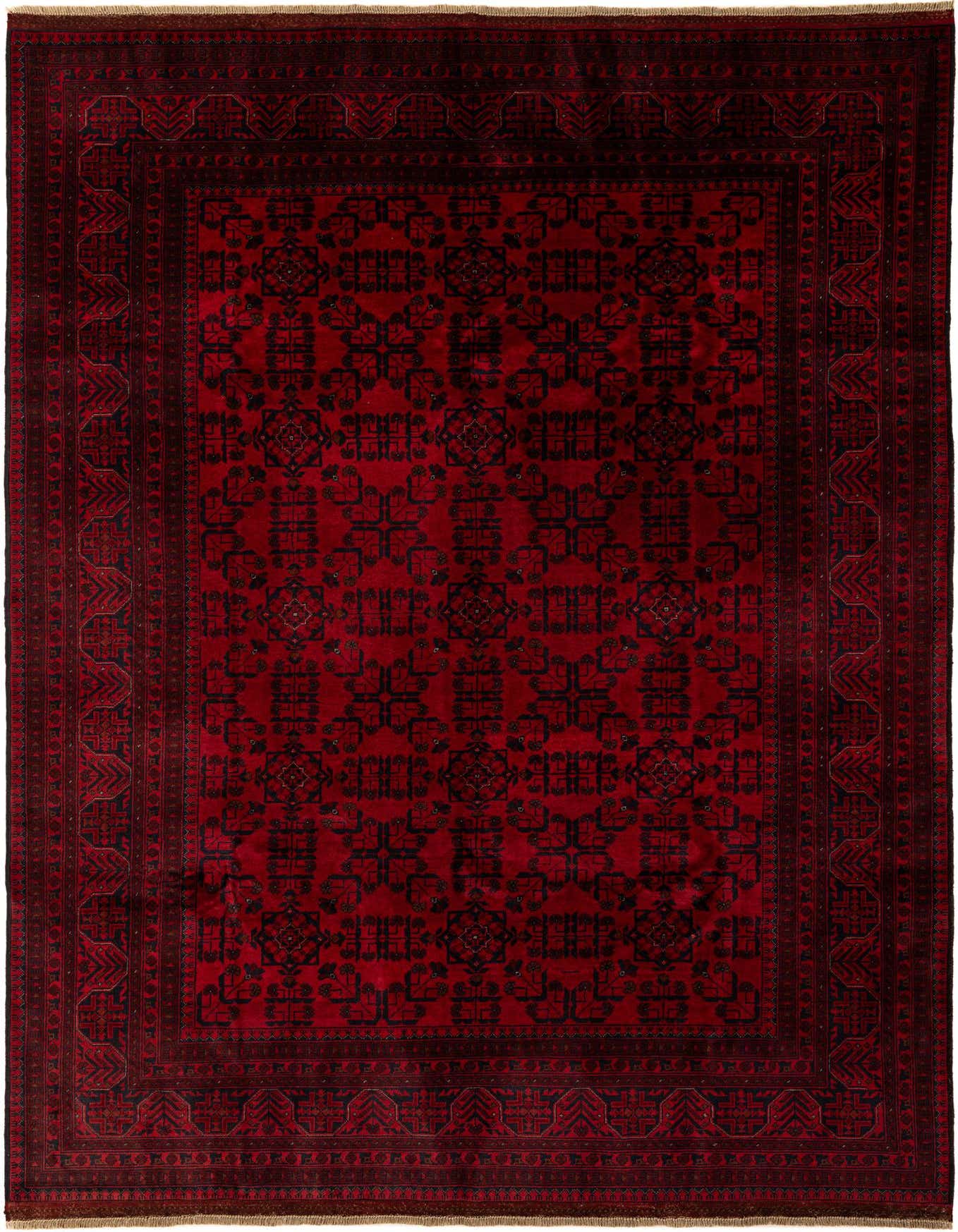 A 6x9 rectangular Khal Mohammadi rug featuring a deep red field with intricate black geometric patterns and a detailed border.