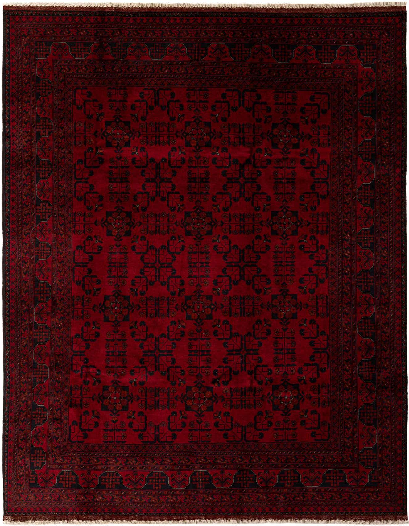 A 6x9 rectangular Khal Mohammadi rug in deep red with a repeating black modern pattern and a detailed border.