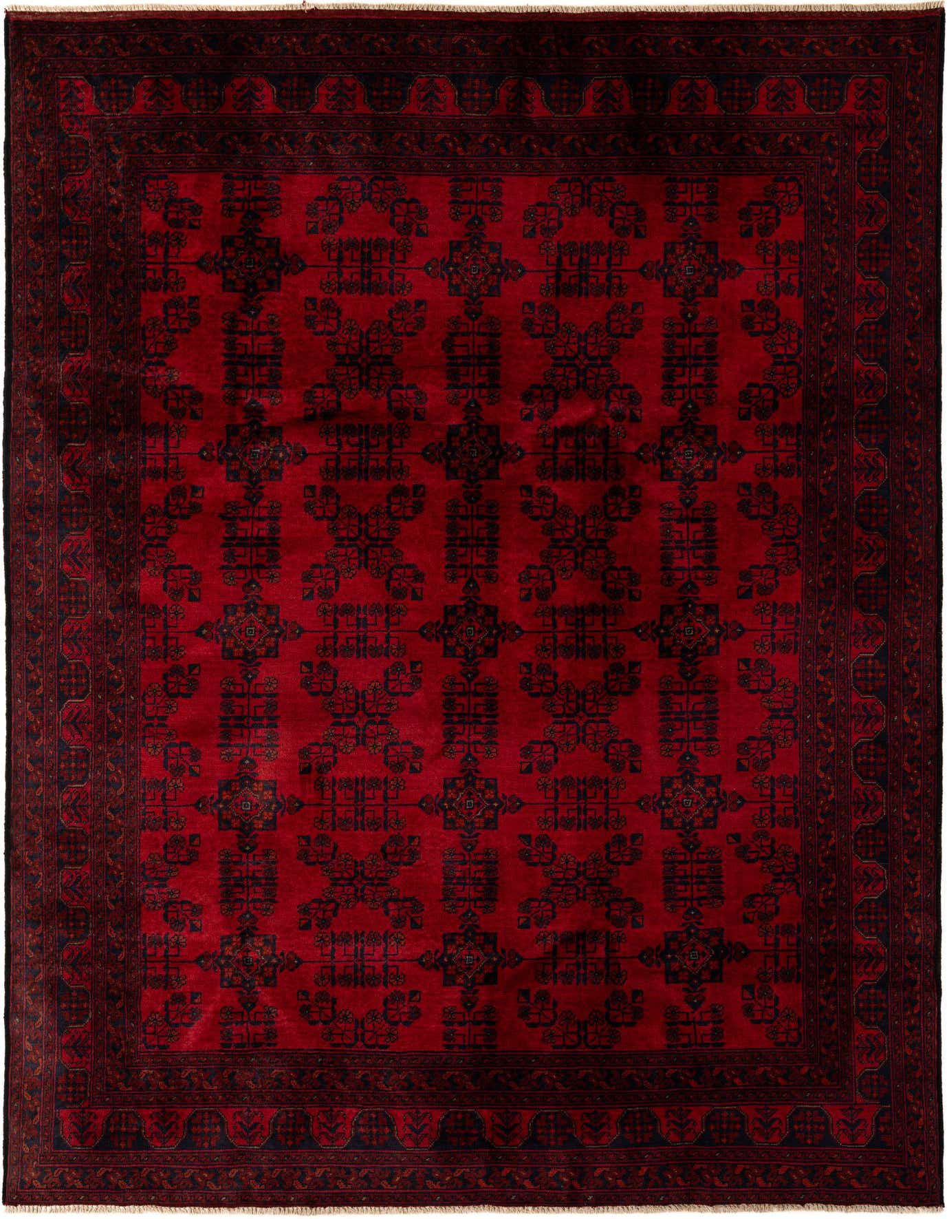 A 6x9 rectangular Khal Mohammadi rug in deep red with a repeating black modern geometric pattern and a dark border.