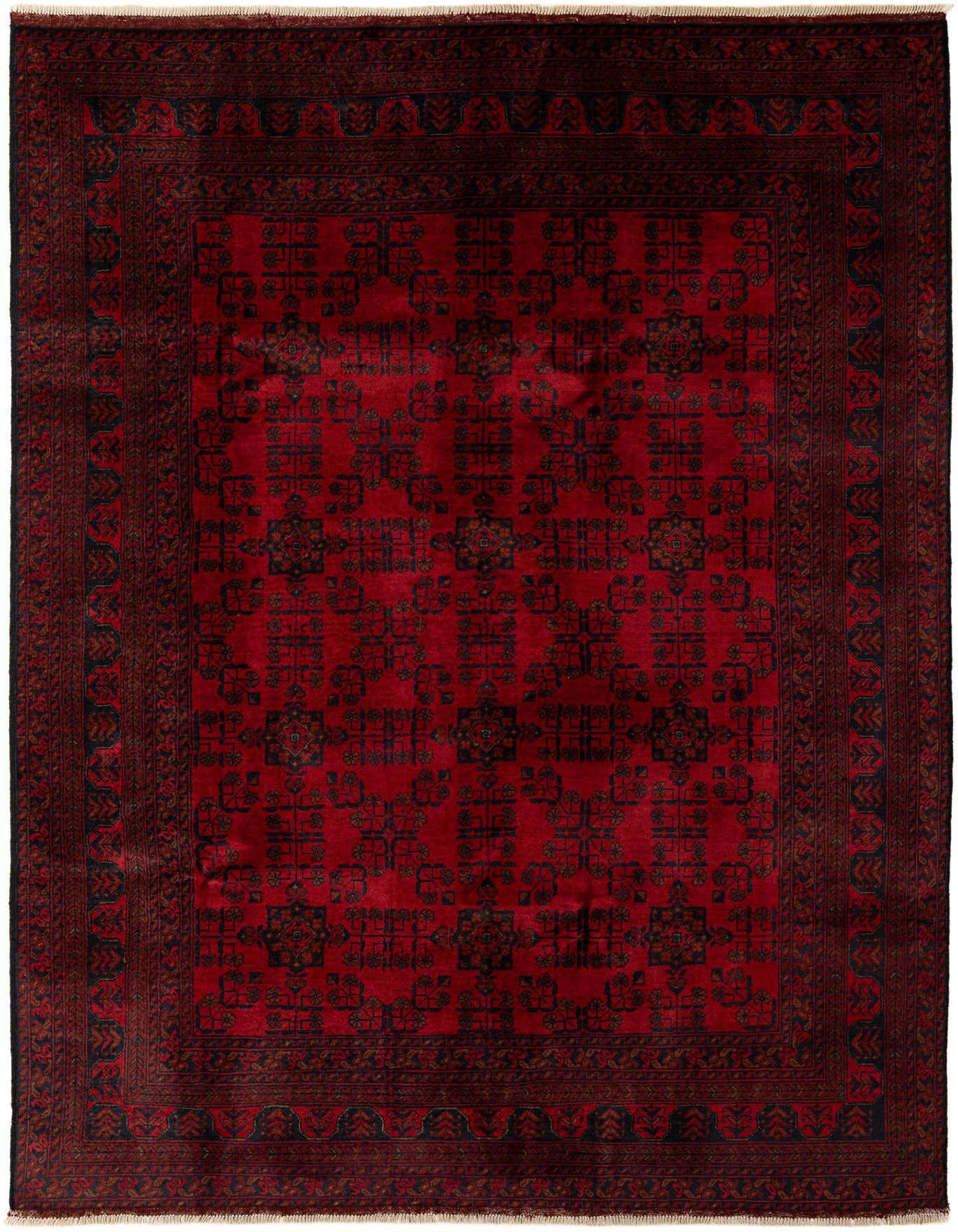 A 6x9 rectangular Khal Mohammadi rug in deep red with intricate black and brown modern patterns and borders.