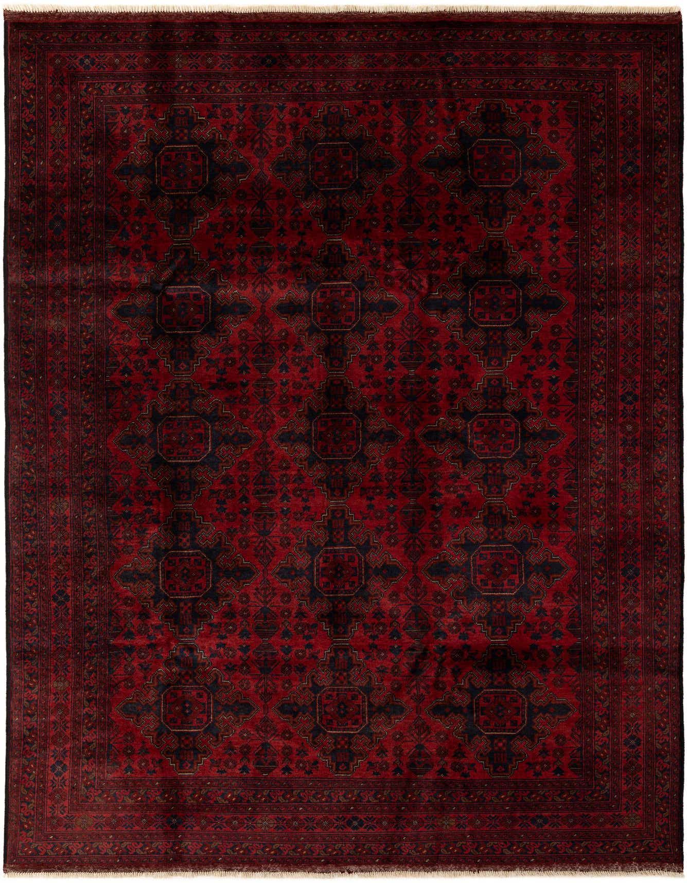 A 6x9 rectangular Khal Mohammadi rug in deep red with a repeating dark geometric pattern, suitable for a living room.