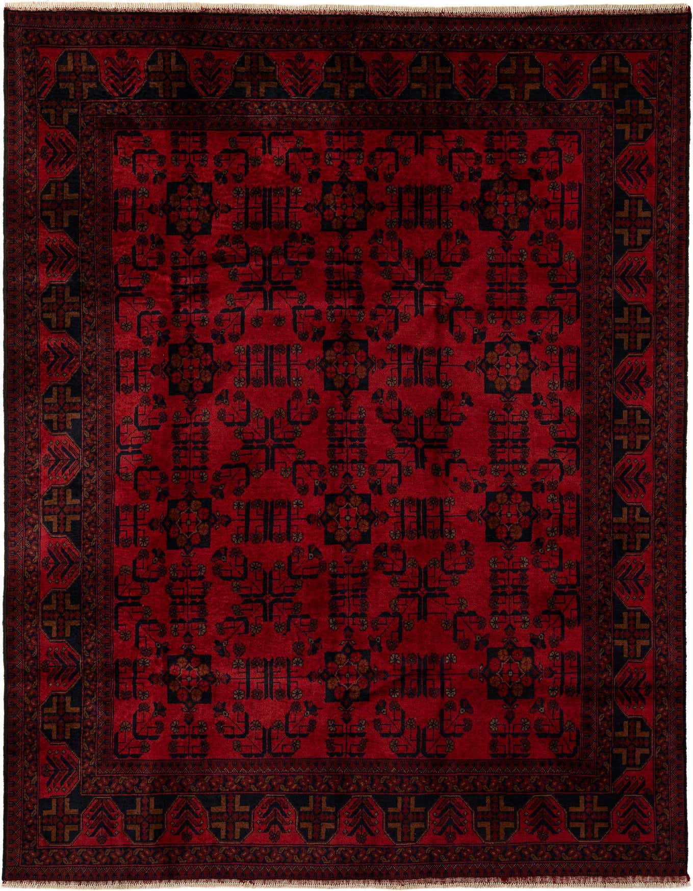A 6x9 rectangular Khal Mohammadi rug featuring a rich red field with intricate dark blue and brown modern geometric patterns, framed by a detailed border.