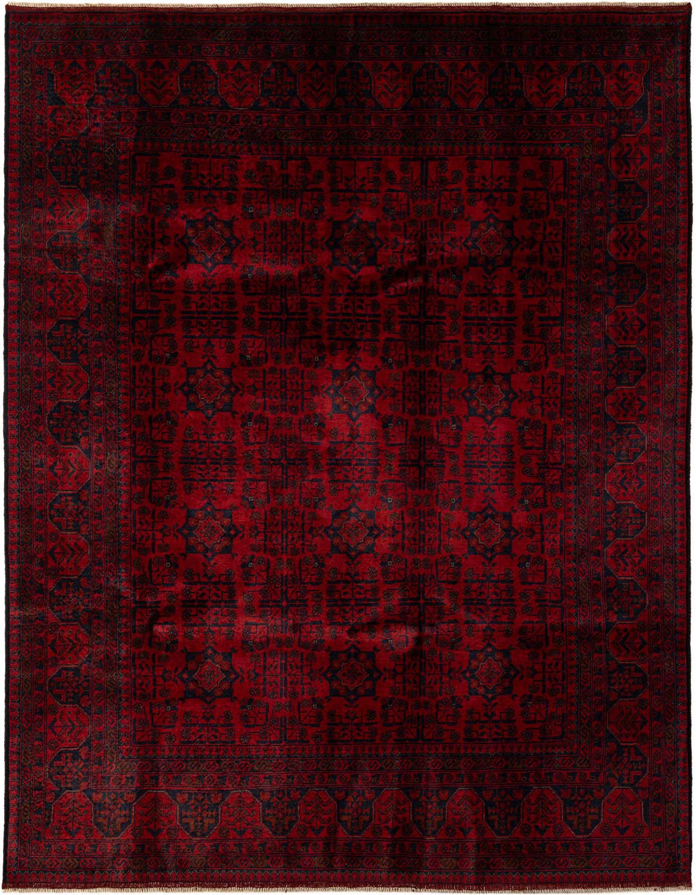 A 6x9 rectangular Khal Mohammadi rug featuring a rich red field with intricate dark blue and black traditional patterns and a detailed border.