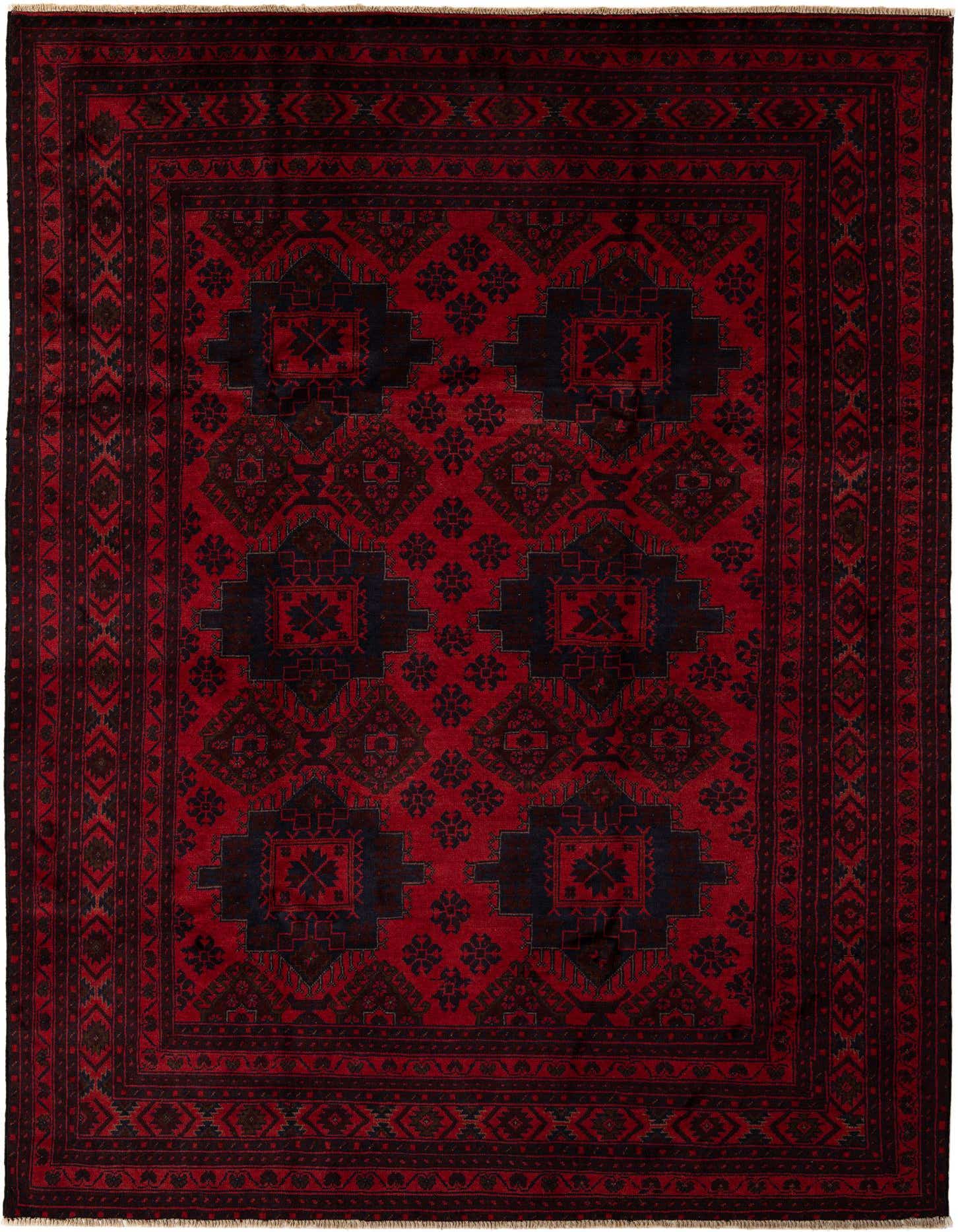 A 6x9 rectangular Khal Mohammadi rug in deep red with intricate dark geometric and floral patterns, featuring a distinct border.
