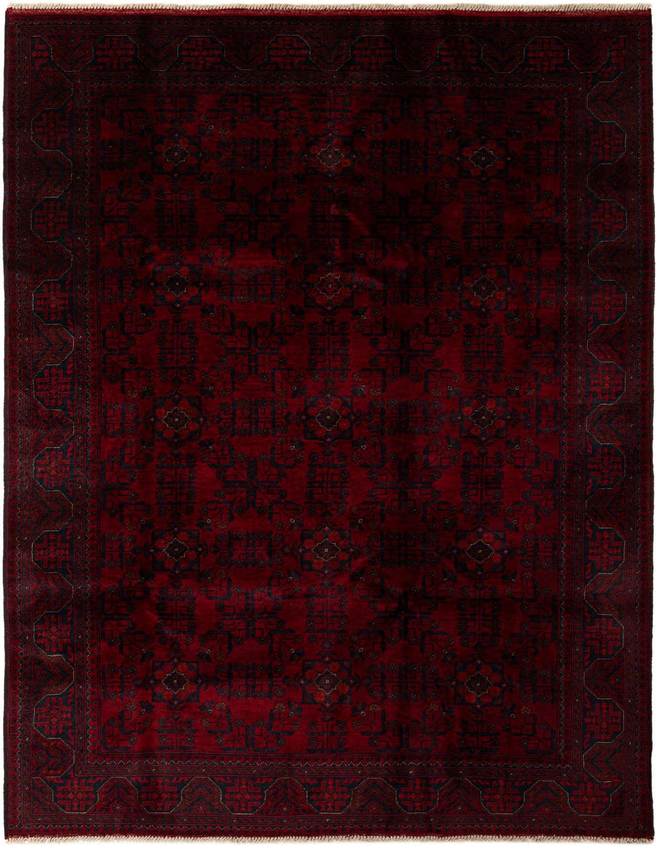 A 7x10 rectangular Khal Mohammadi rug in deep red with a modern pattern and dark accents, ideal for a living room.
