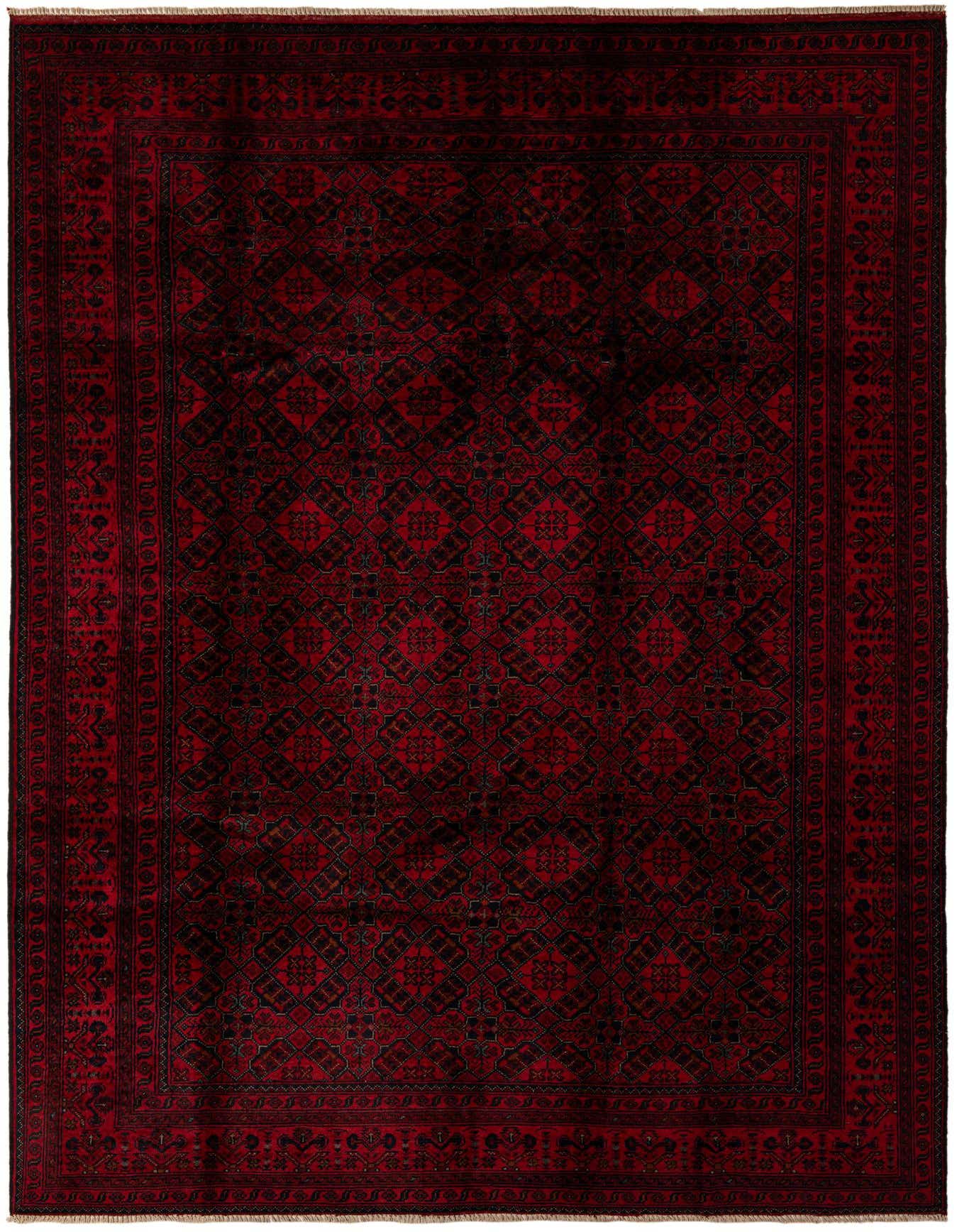 A 6x9 rectangular Khal Mohammadi rug in deep reds with a black modern geometric pattern and border.