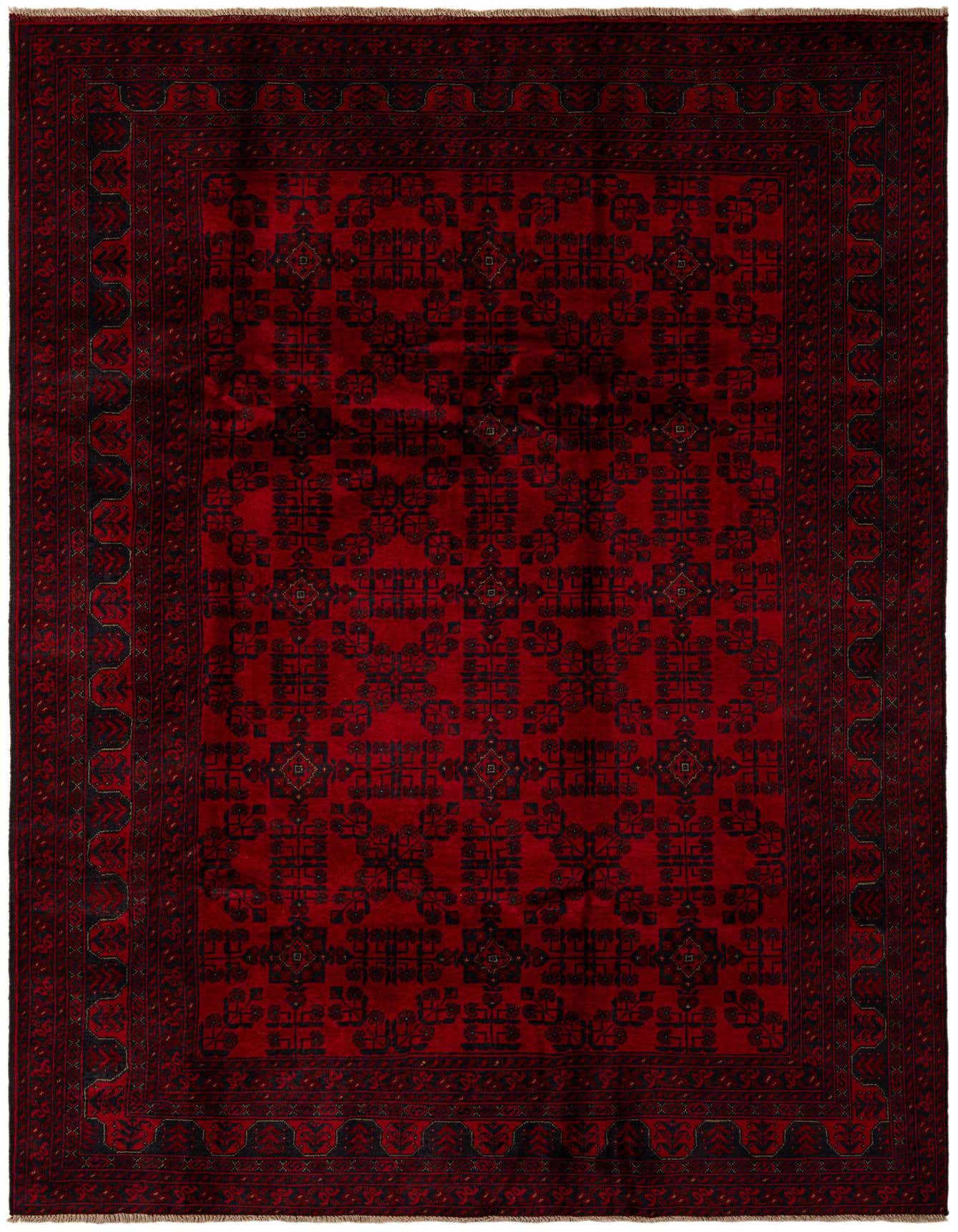 A 6x9 rectangular Rugs.com Khal Mohammadi rug in deep red with a repeating black geometric pattern and border, suitable for a living room.