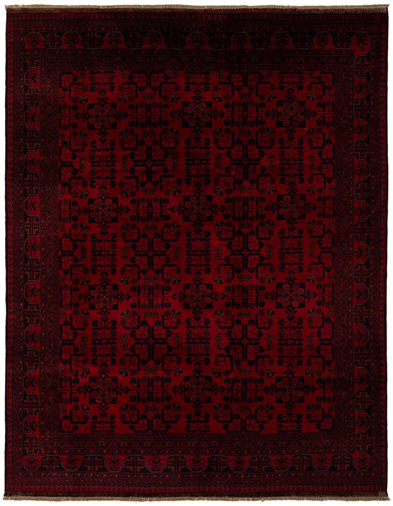 A 6x9 rectangular Khal Mohammadi rug in deep red with intricate black and brown oriental patterns, featuring a thin pile.
