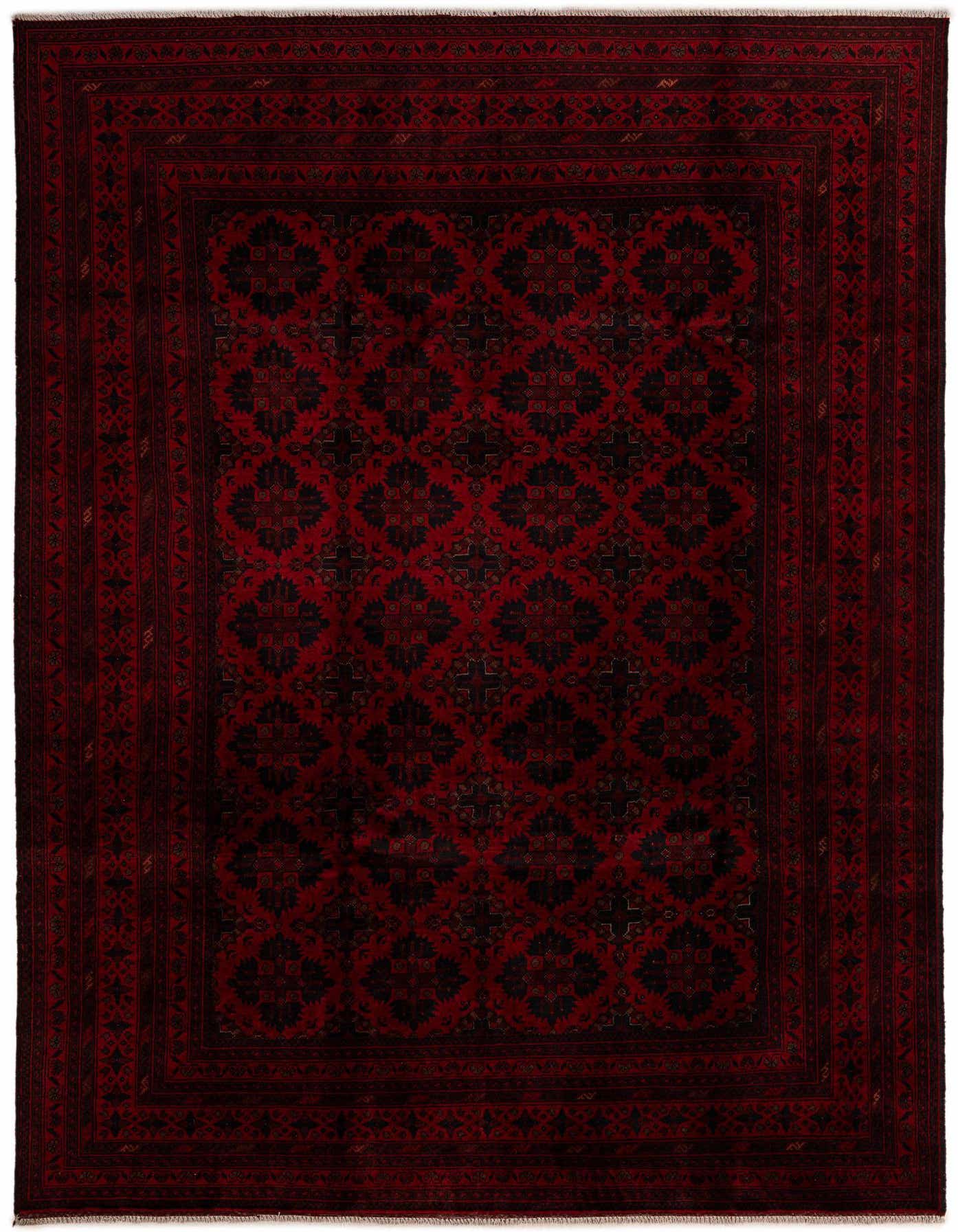A 6x9 rectangular Khal Mohammadi rug in deep reds and black, featuring a traditional oriental pattern with a prominent border.