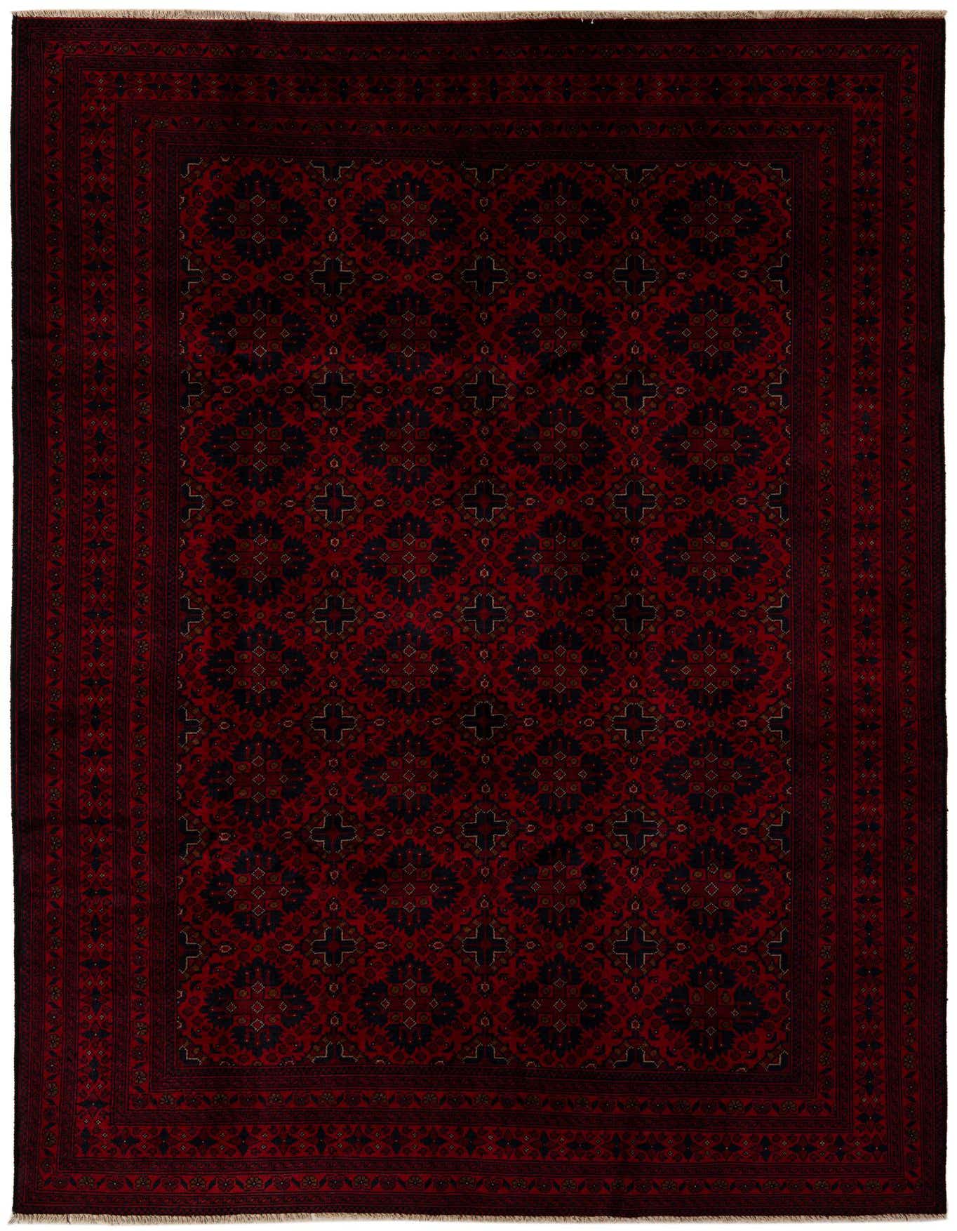 A 6x9 rectangular Khal Mohammadi rug in deep reds with a repeating dark floral and geometric pattern and a traditional border.