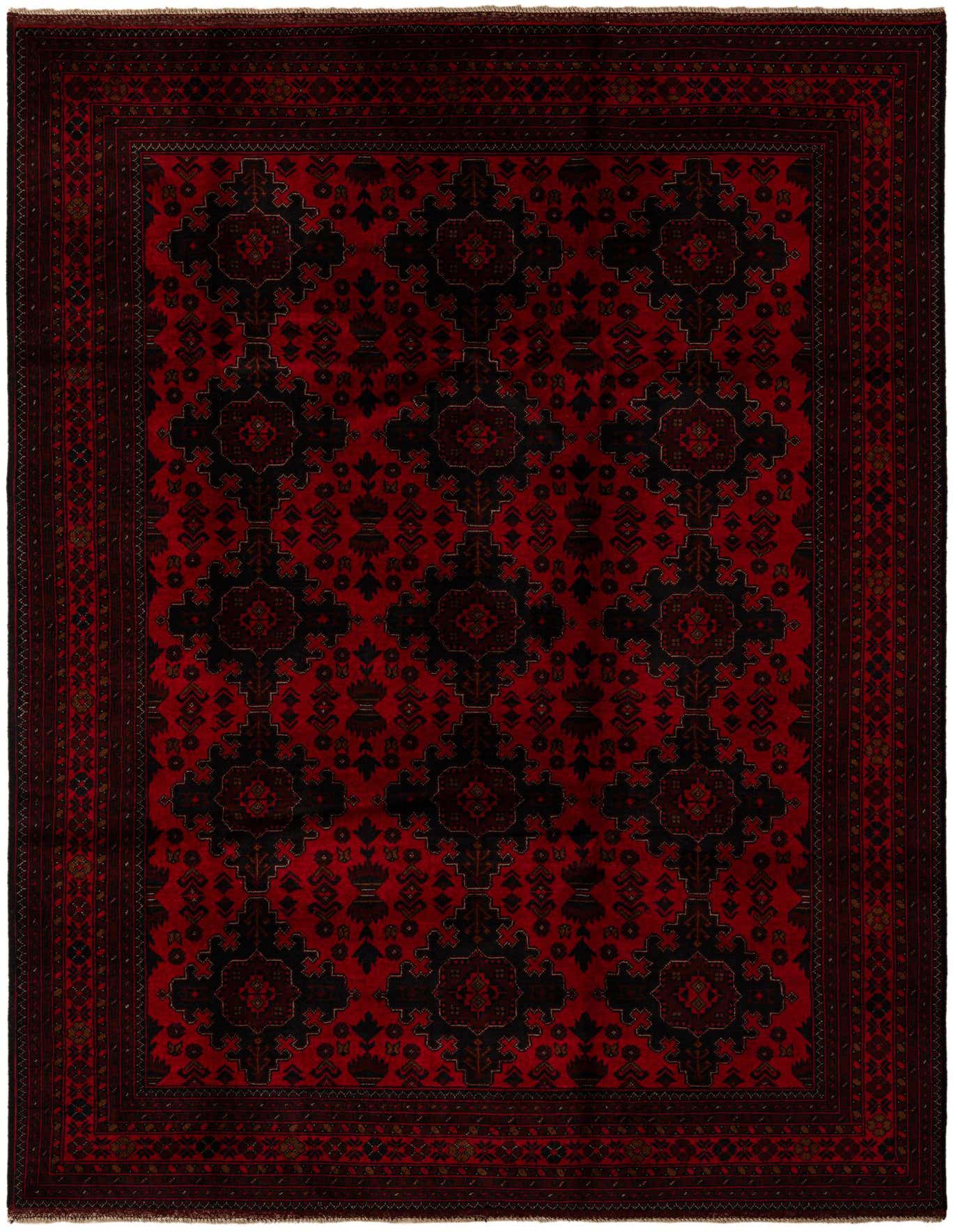 A 6x9 rectangular Khal Mohammadi rug in deep reds with a repeating black and red oriental pattern and thin pile.