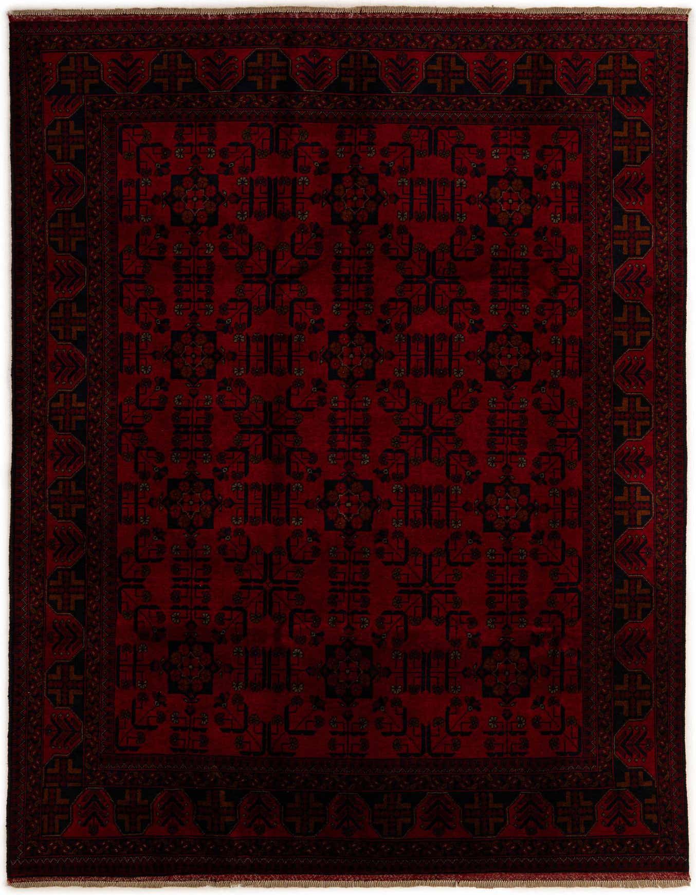 A 6x9 rectangular Khal Mohammadi rug in deep red with intricate dark blue and black oriental patterns, suitable for a living room.