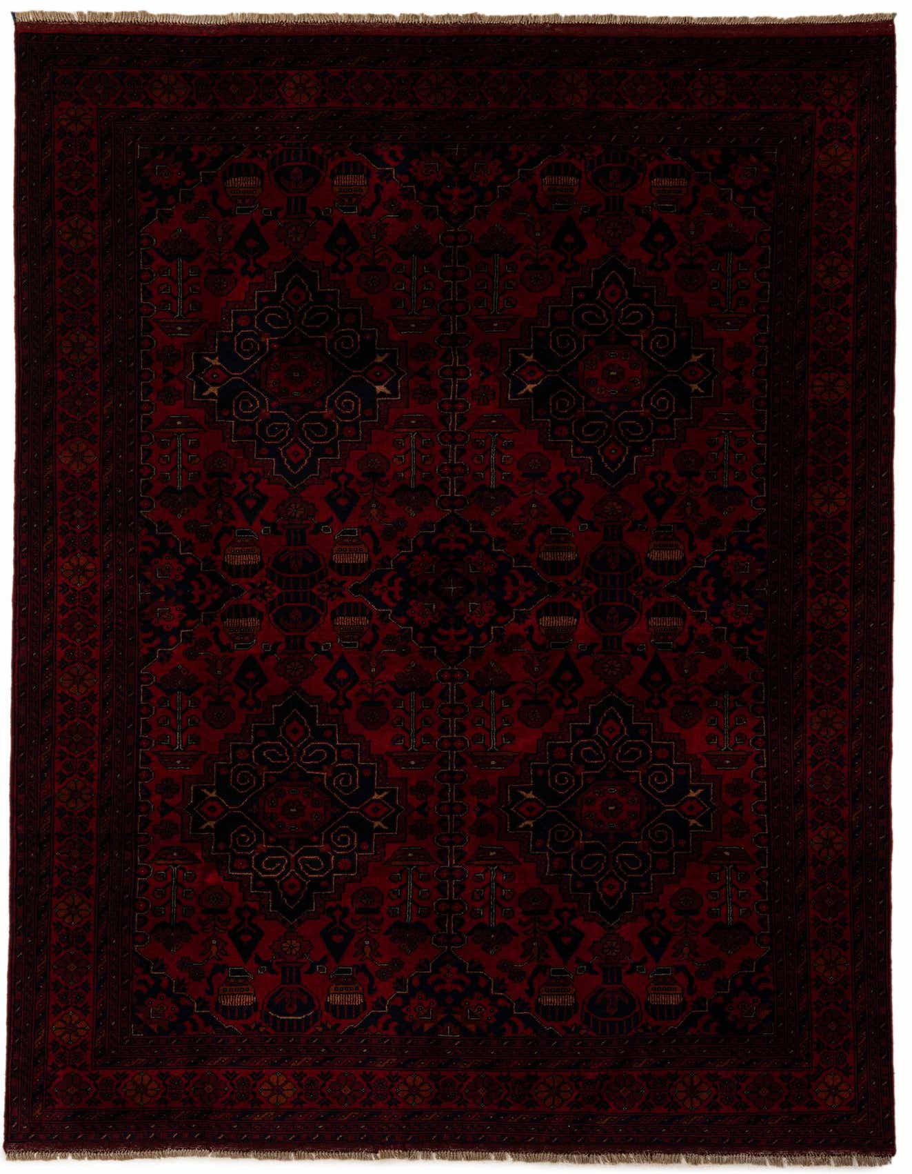 A 7x10 rectangular Khal Mohammadi rug in deep reds with a detailed modern oriental pattern, made of 100% wool.