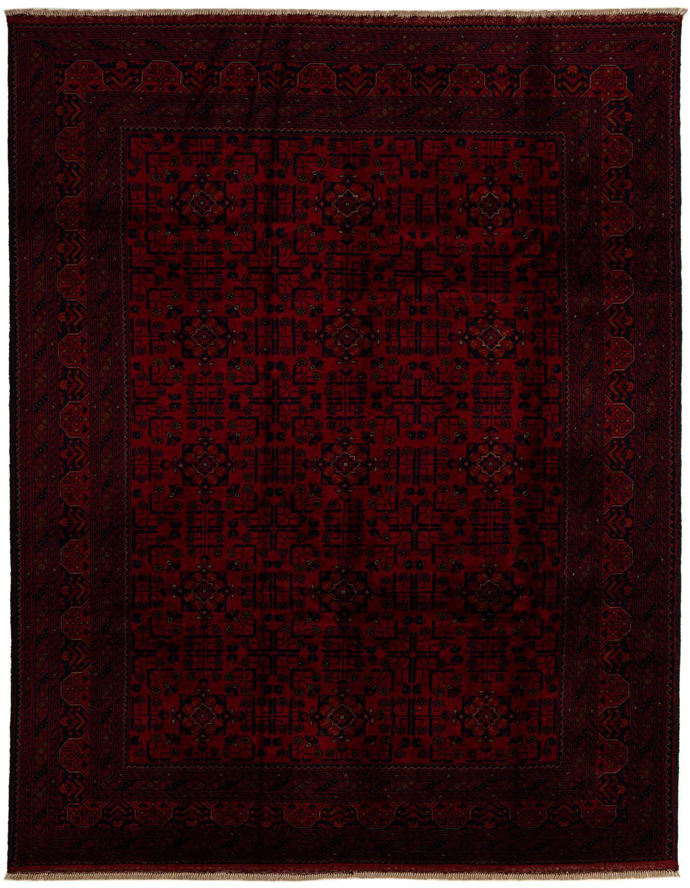 A 6x9 rectangular Khal Mohammadi rug in deep red with intricate black and dark red oriental patterns and a thin pile, ideal for a living room.