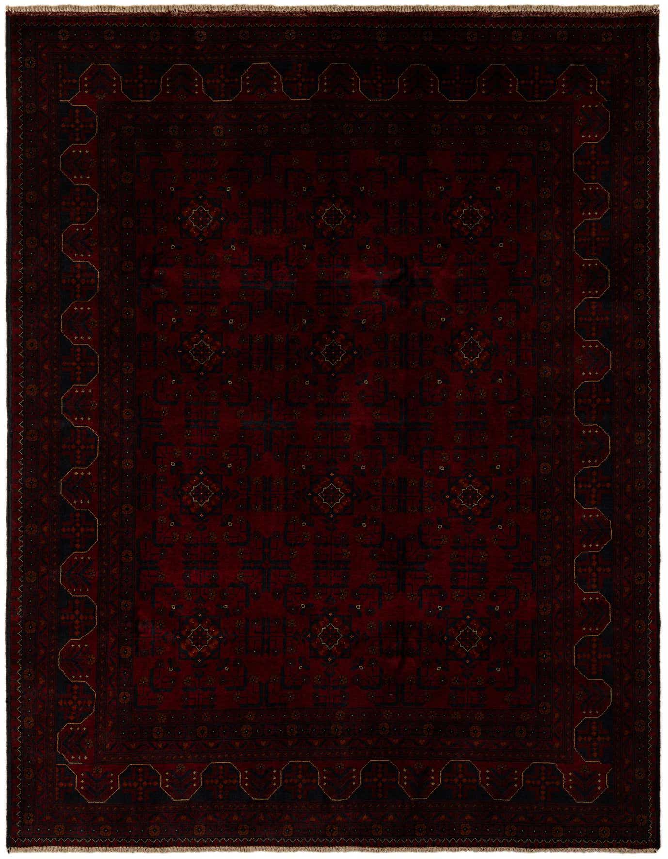 A 6x9 rectangular Khal Mohammadi rug in deep reds with a traditional Oriental pattern and dark border.